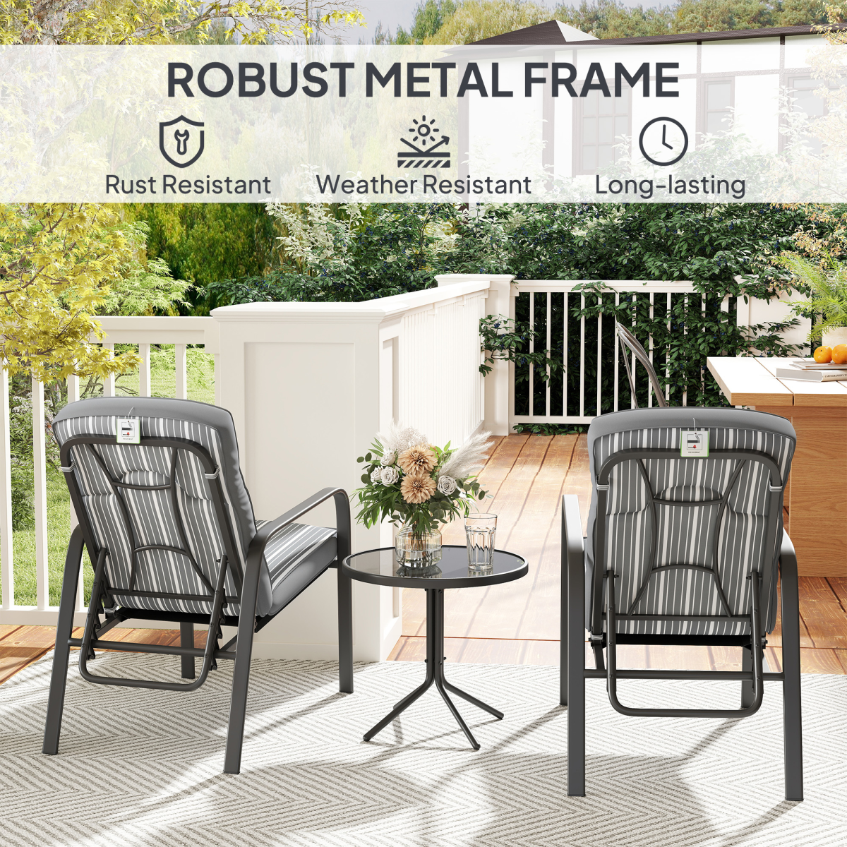 Outsunny 3-Piece Recliner Garden Chairs and Tempered Glass Table Set, Grey