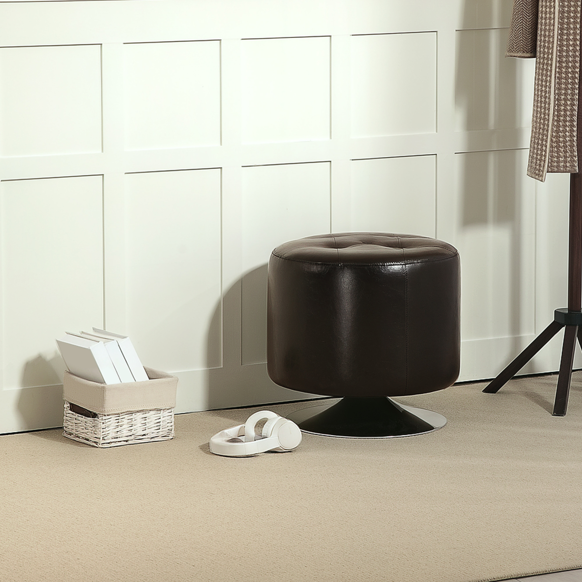 HOMCOM 360° Swivel Foot Stool PU Footstool with Thick Padding Brown