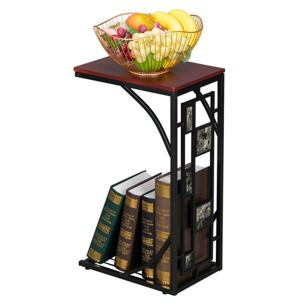 C-Shaped End Table with Gravel Pattern, Brown Top & Black Powder-Coated Base, 30.5*21*54cm