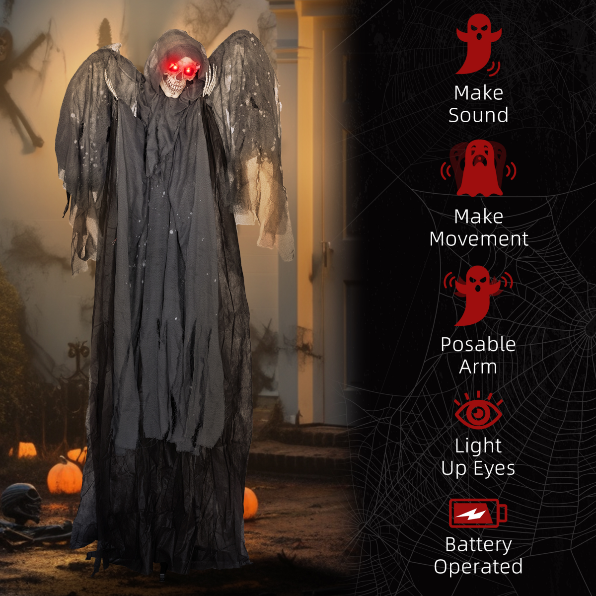 HOMCOM Winged Grim Reaper Animatronic Prop w/ Light Up Eyes, for Haunted House