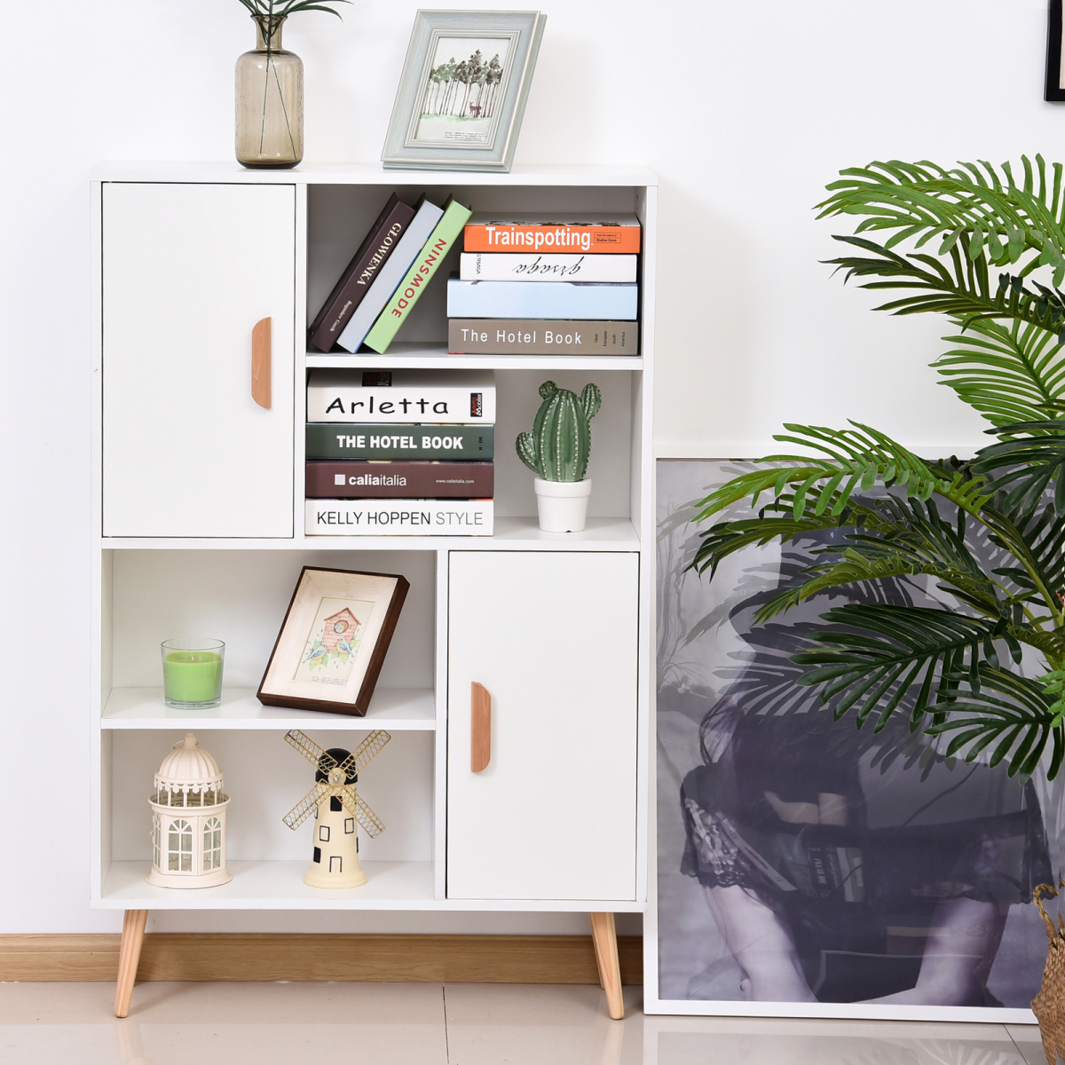 HOMCOM Free Standing Bookcase Shelves Unit Storage Cabinet w/ Two Doors White