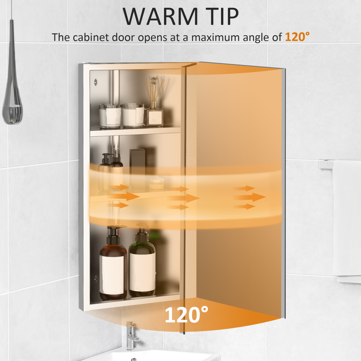 HOMCOM Wall Mount Corner Mirror Cabinet with Three Shelves, Stainless Steel Bathroom Storage Cabinet with Door