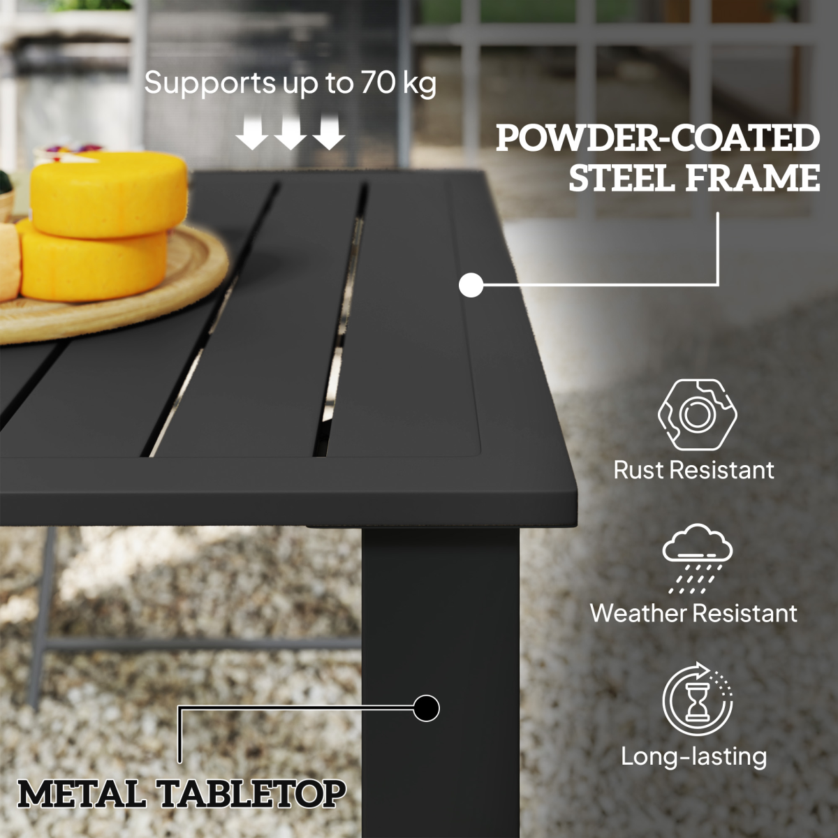 Outsunny Garden Table with Parasol Hole, Slatted Metal Tabletop, Black