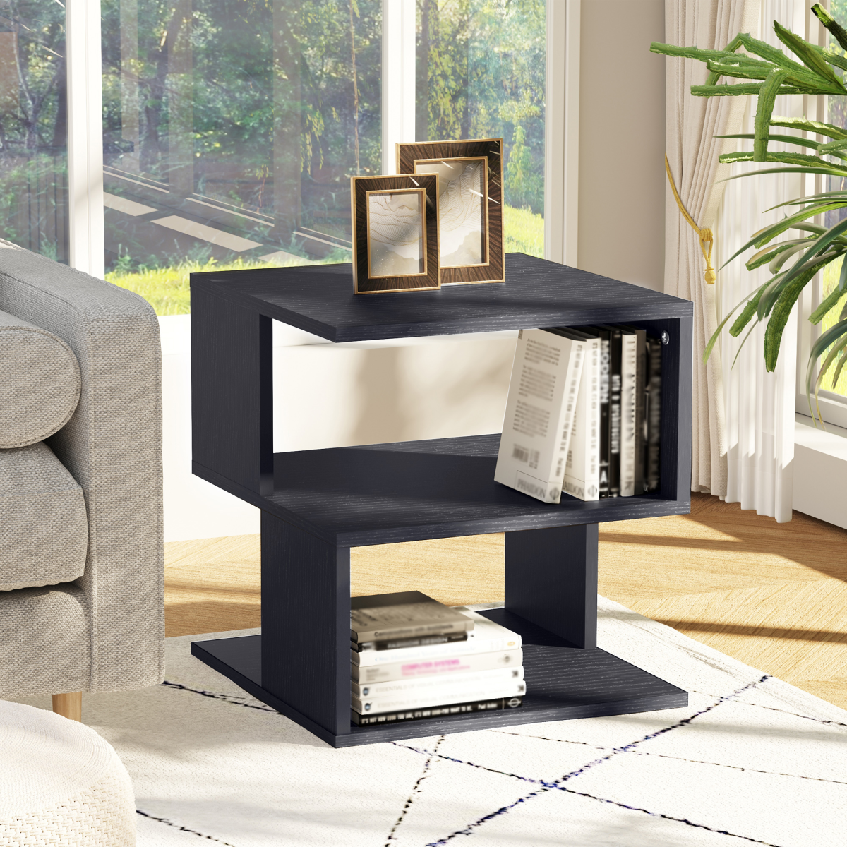 Modern Square 2 Tier Wood Coffee Side Table Storage Shelf Rack Black