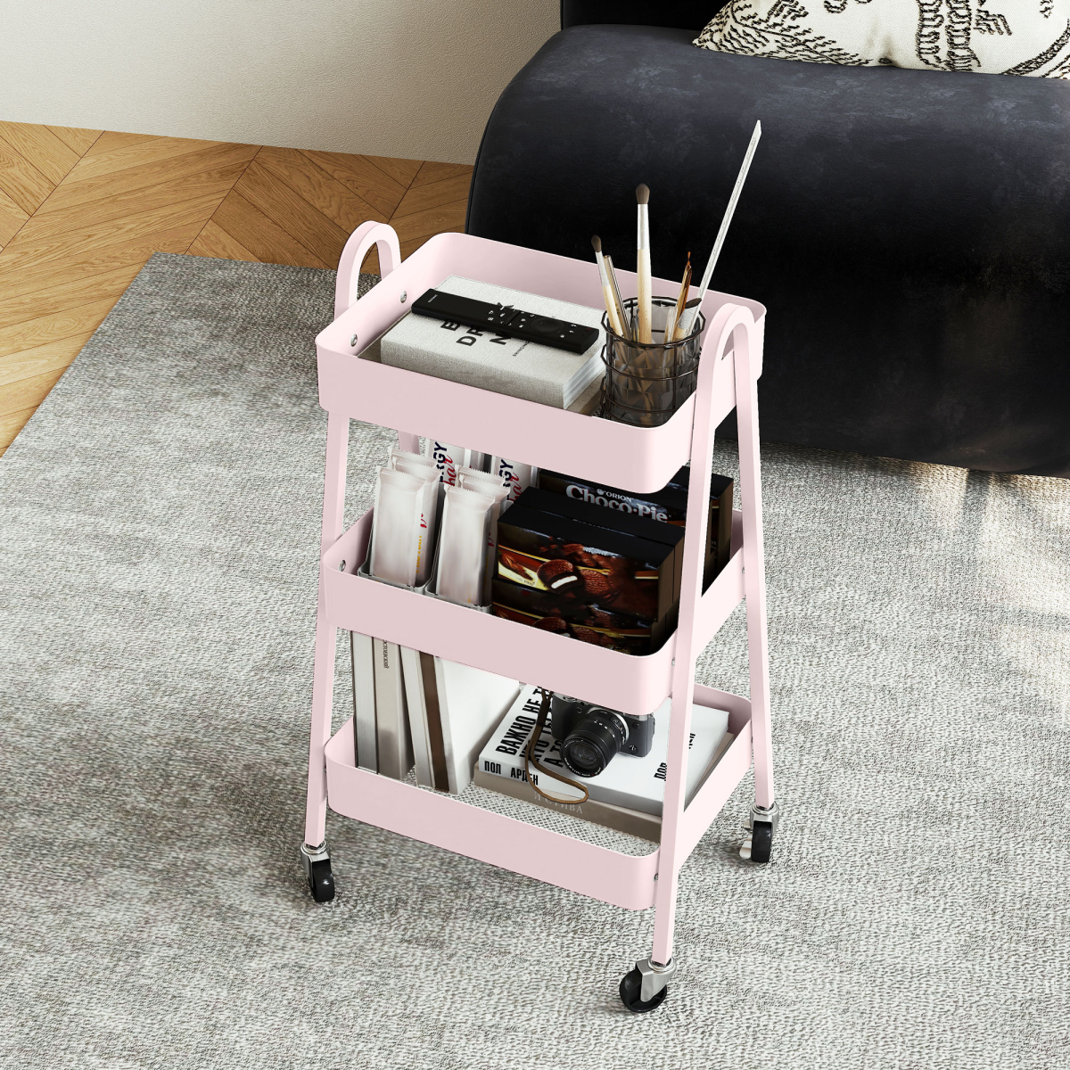 HOMCOM 3-Tier Rolling Utility Cart Kitchen Storage Trolley on Wheels Pink
