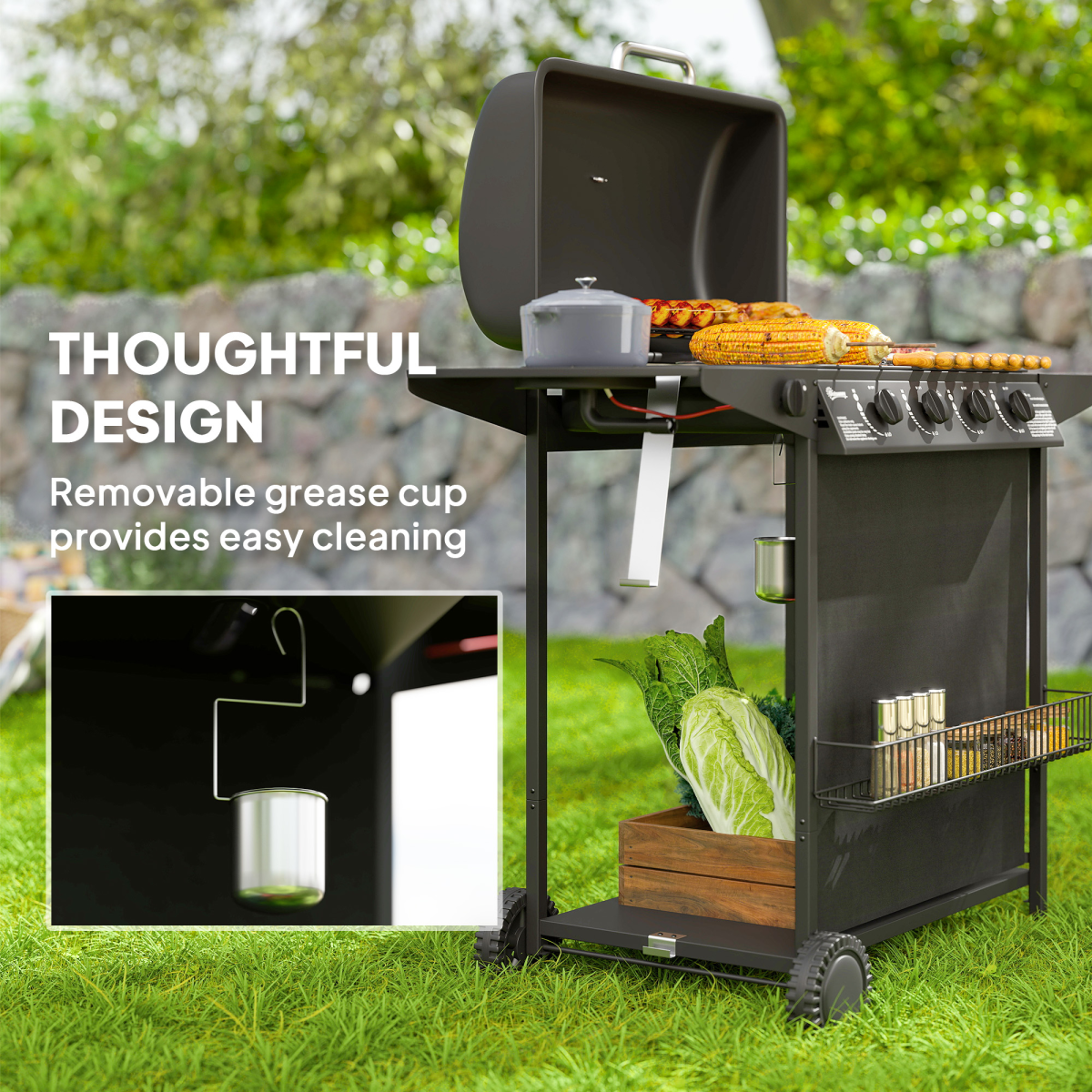 Outsunny 5 Burner Gas Barbecue Grill Portable Gas BBQ Grill with Lid, Black