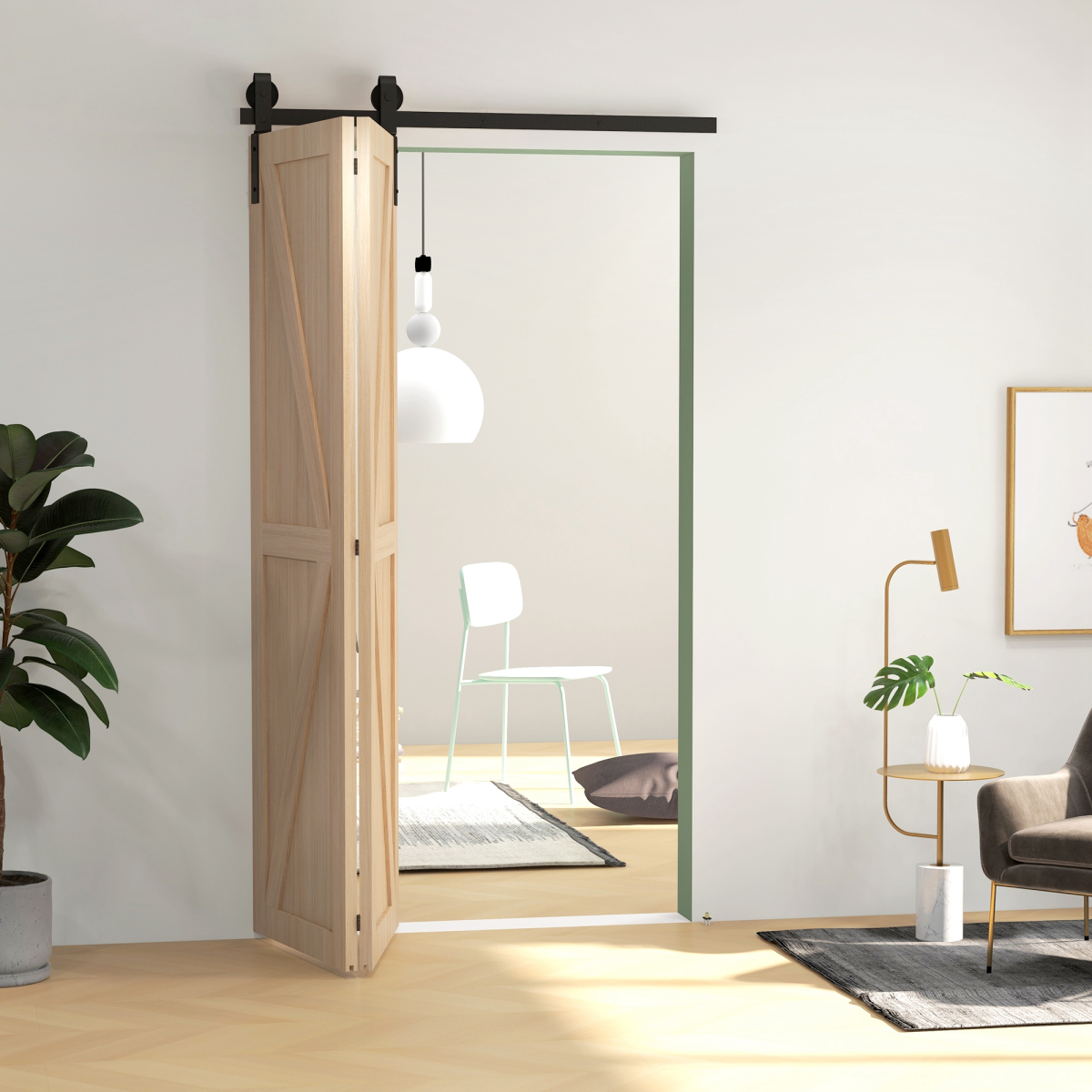 HOMCOM 4FT/122CM Bi-Folding Sliding Barn Door Hardware Kit Sliding Door Kit