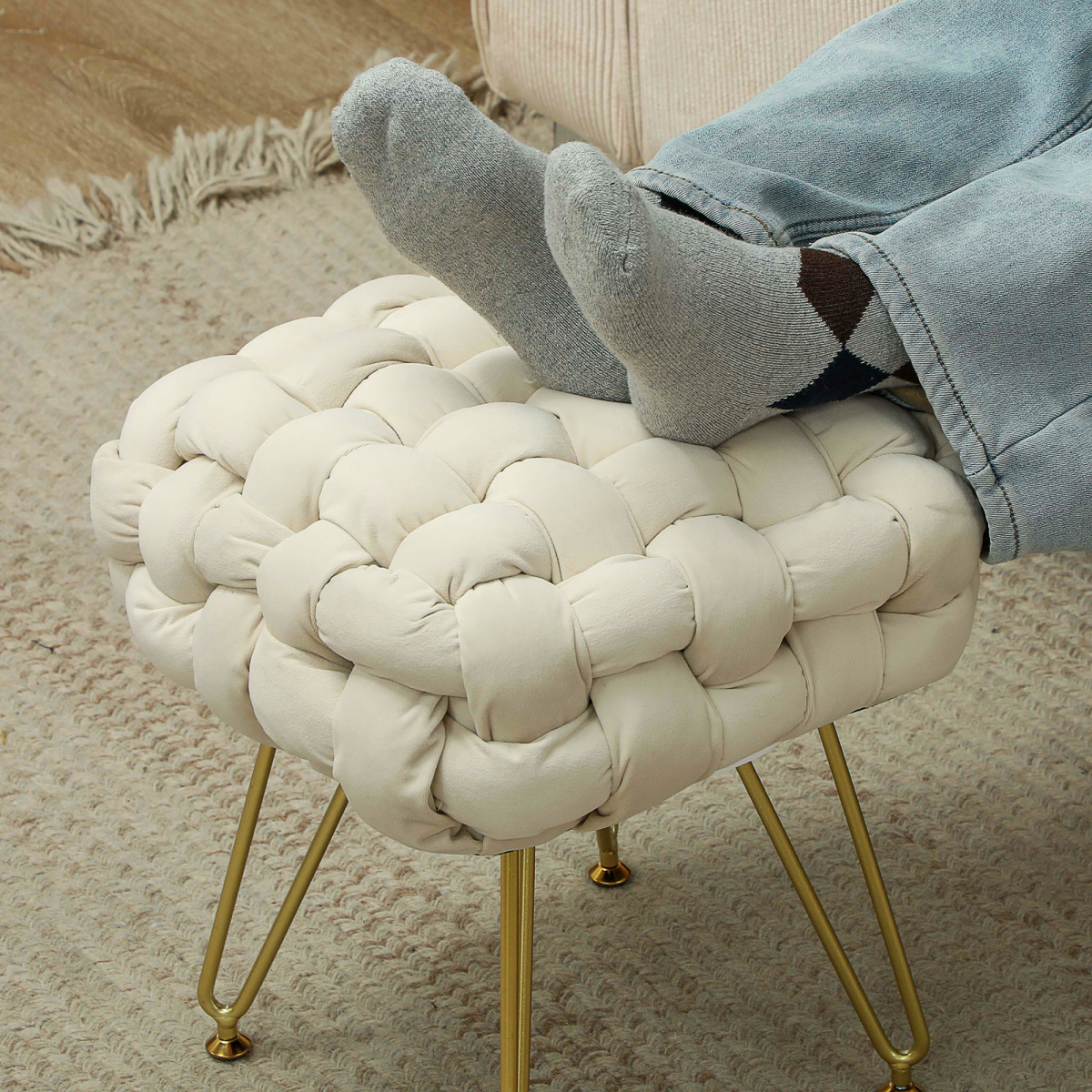 HOMCOM Woven Velvet Foot Stool with Steel Legs for Living Room, Cream White