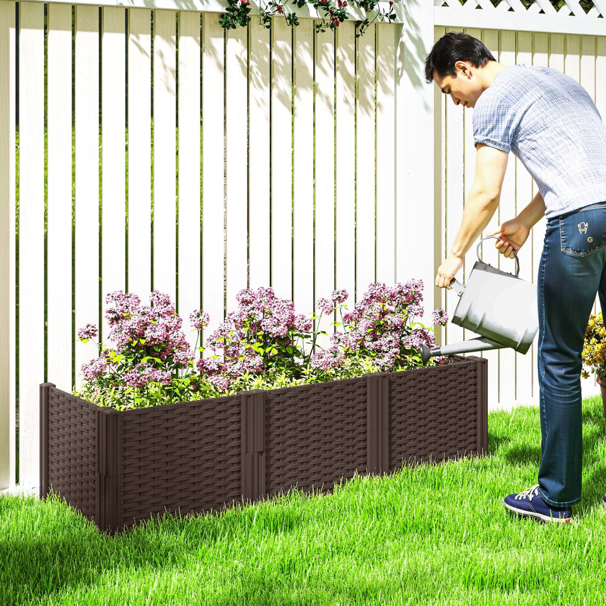 Outsunny Plastic Planter Box Kit, Modular Raised Bed for Flowers, Herbs
