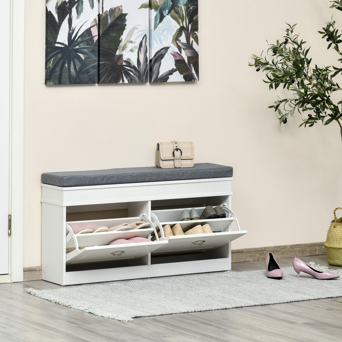 HOMCOM Shoe Storage Bench with Seat Cushion Cabinet Organizer with 2 Drawers