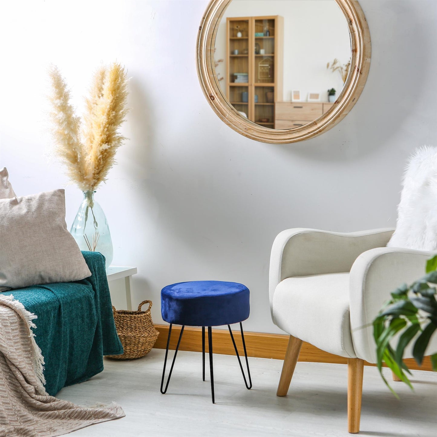 Blue Round Velvet Footstool