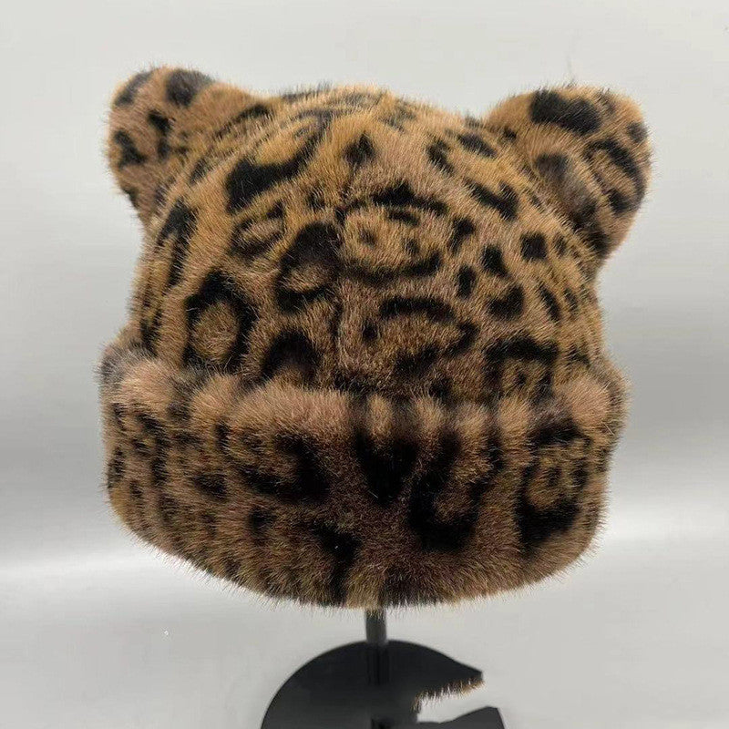 Japanese-style Leopard-print Bear-ear Plush Fisherman Hatcute Soft Warm Extra-thick And Lined With Plush