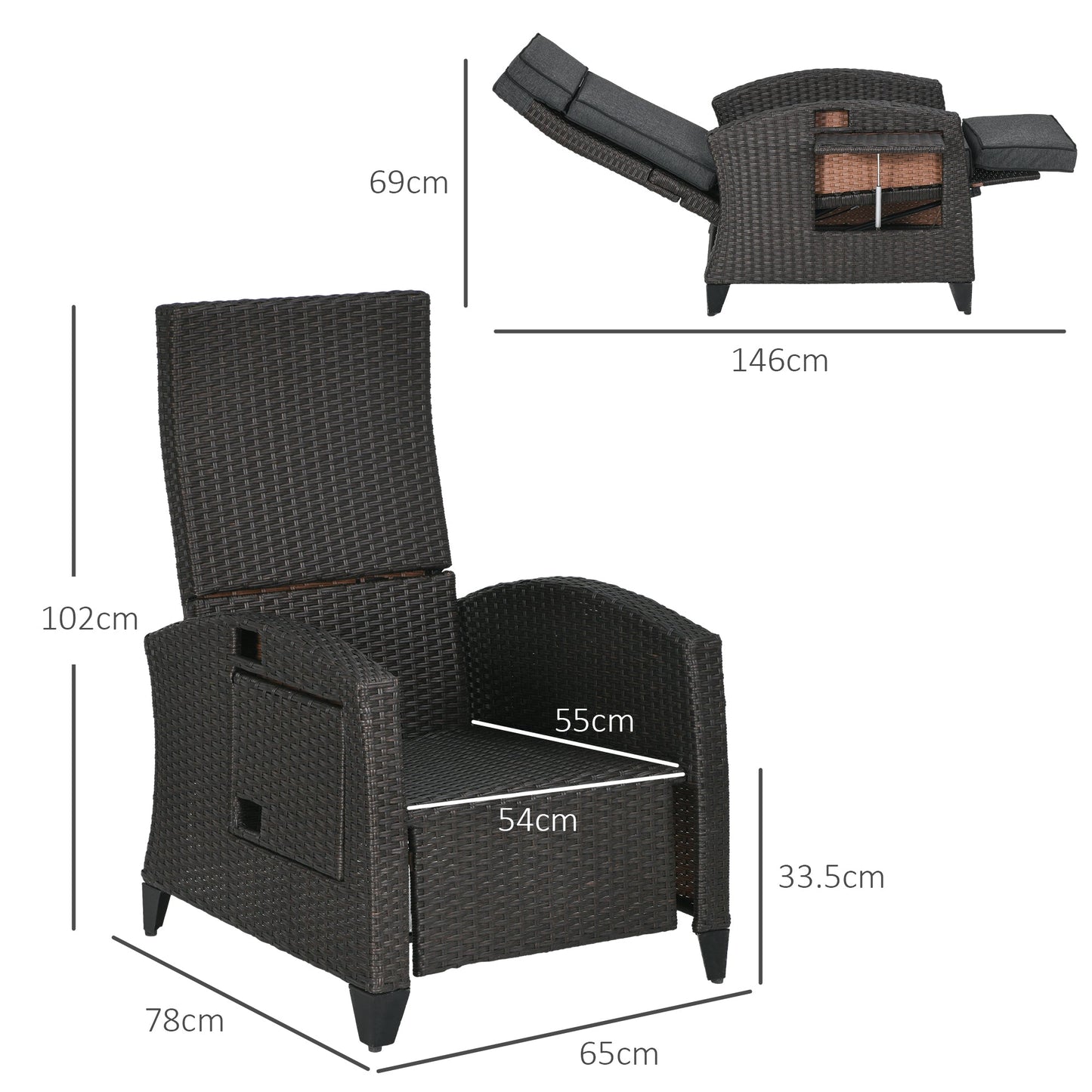 Outsunny Outdoor Recliner Chair with Cushion Rattan Reclining Lounge Chair