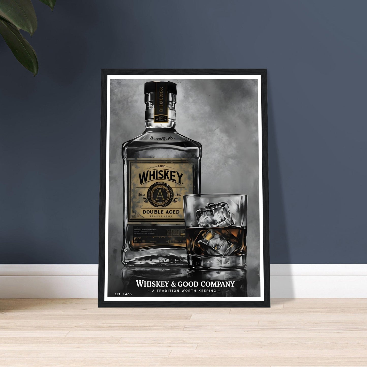 Noir Whiskey Bottle Framed Poster – Sophisticated Wall Art for Home Bars & Lounges