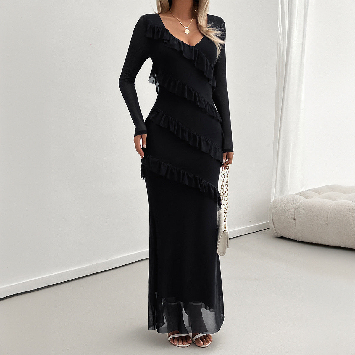 Women's Elegant Slim Fit Mesh V-Neck Dress – Evening Party & Formal Wear