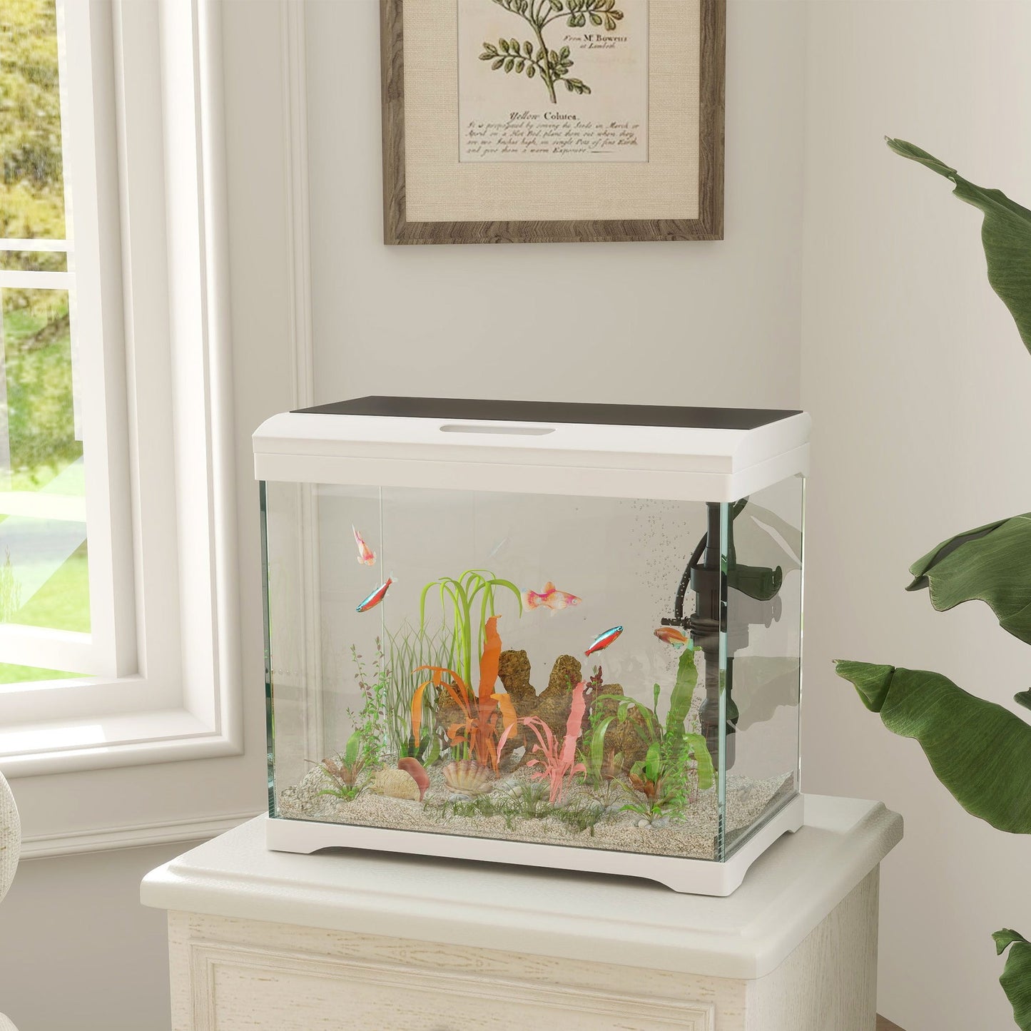 PawHut 27L Glass Fish Tank with Filter System, LED Light, Water Pump, White