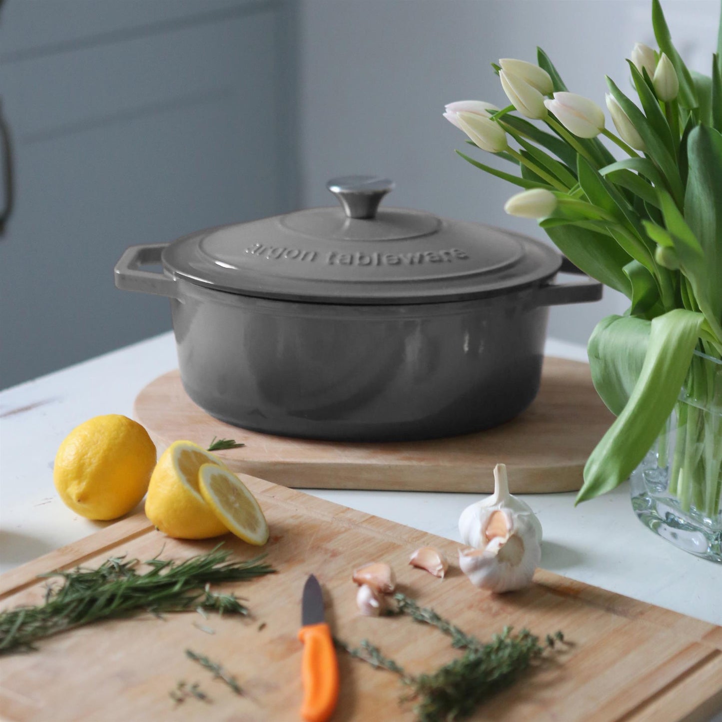 4.68L Dark Grey Oval Cast Iron Casserole Dish