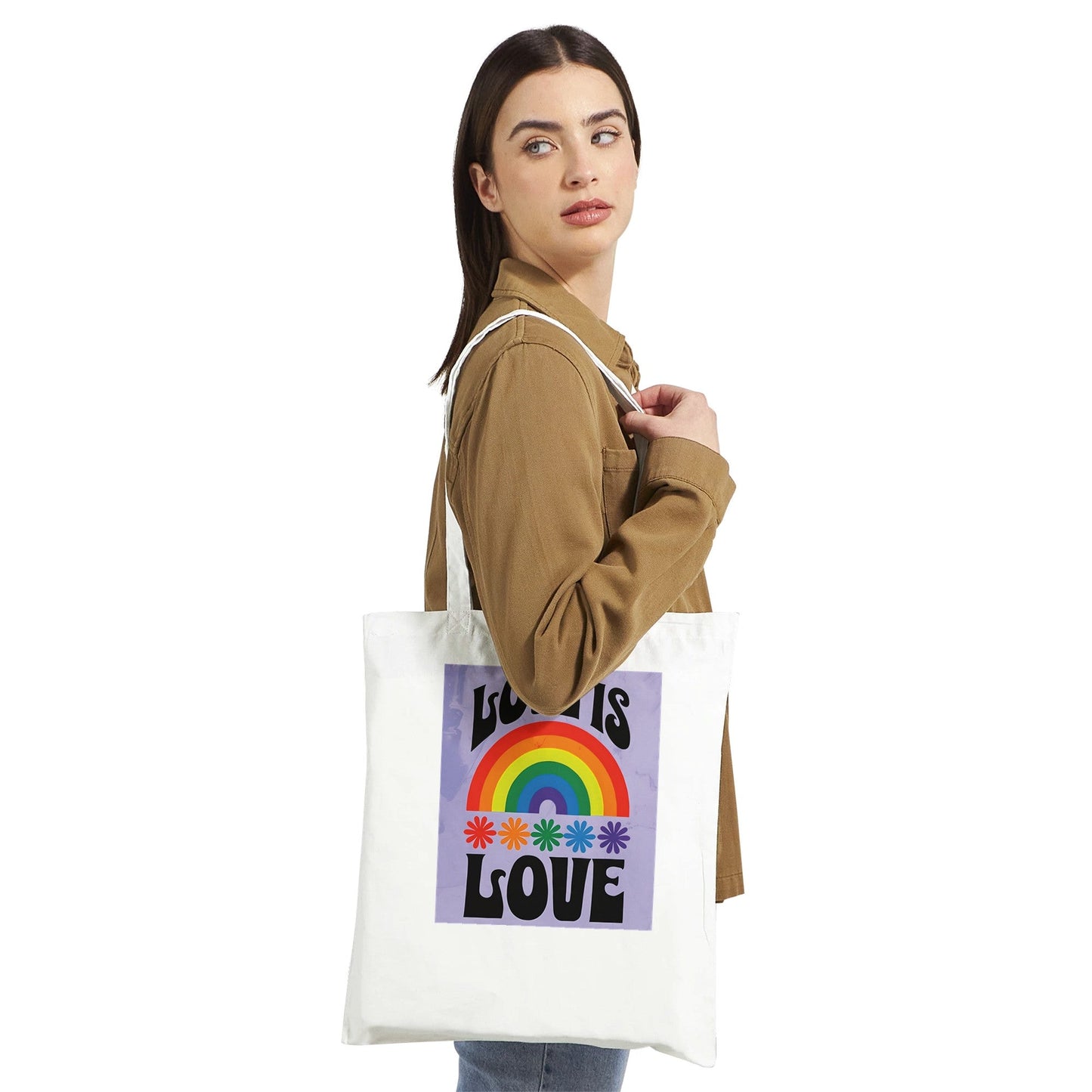 Love Is Love Tote Bag – LGBTQ+ Pride Rainbow Shopper Bag - Eco-Friendly Reusable Cotton Tote with Retro 70s Style Design