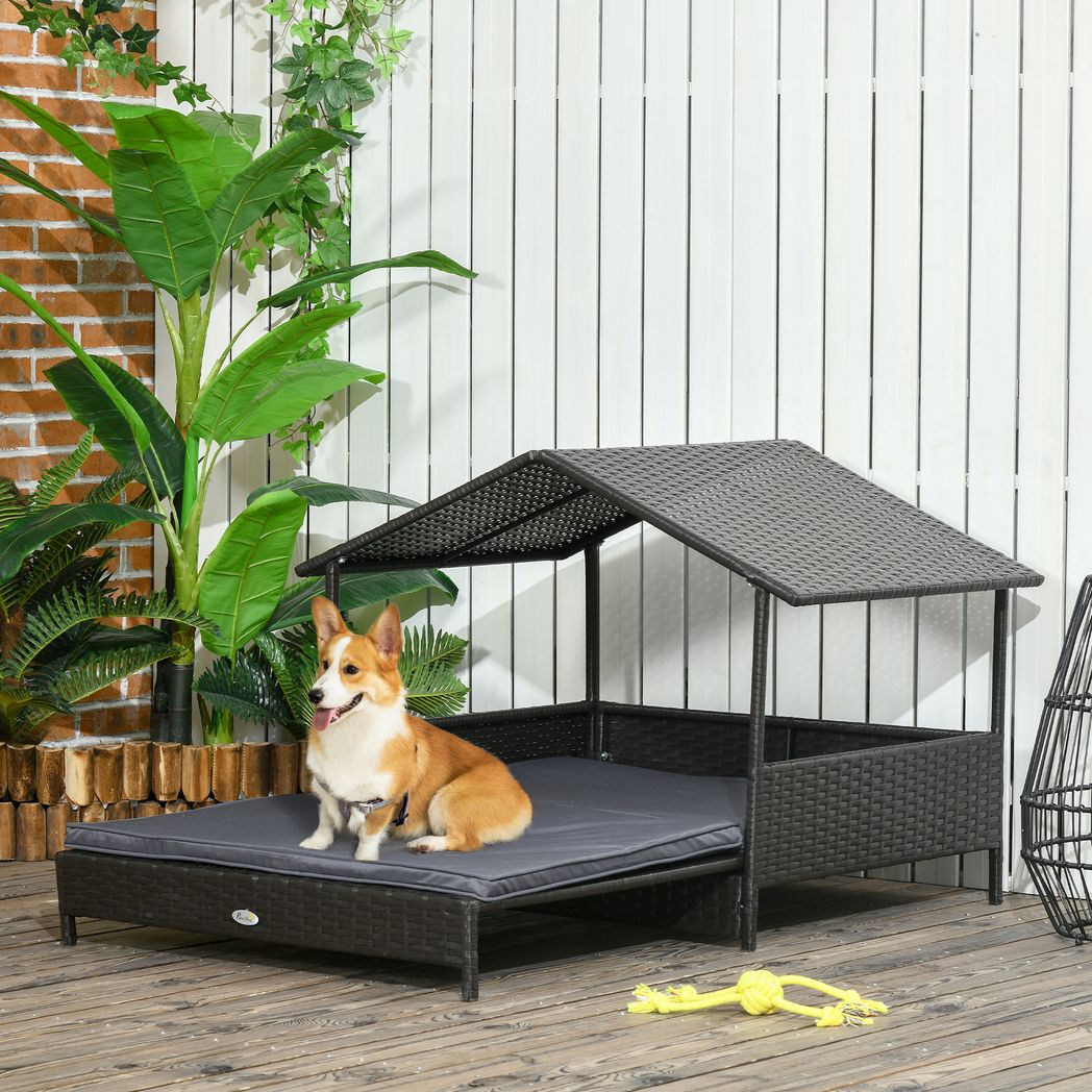 PawHut Extendable Rattan Dog House with Water-Resistant Roof, Cushion