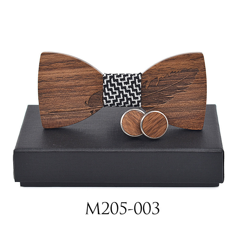 Business Leisure Feather Carving Wooden Tie Cuff Buckle Set