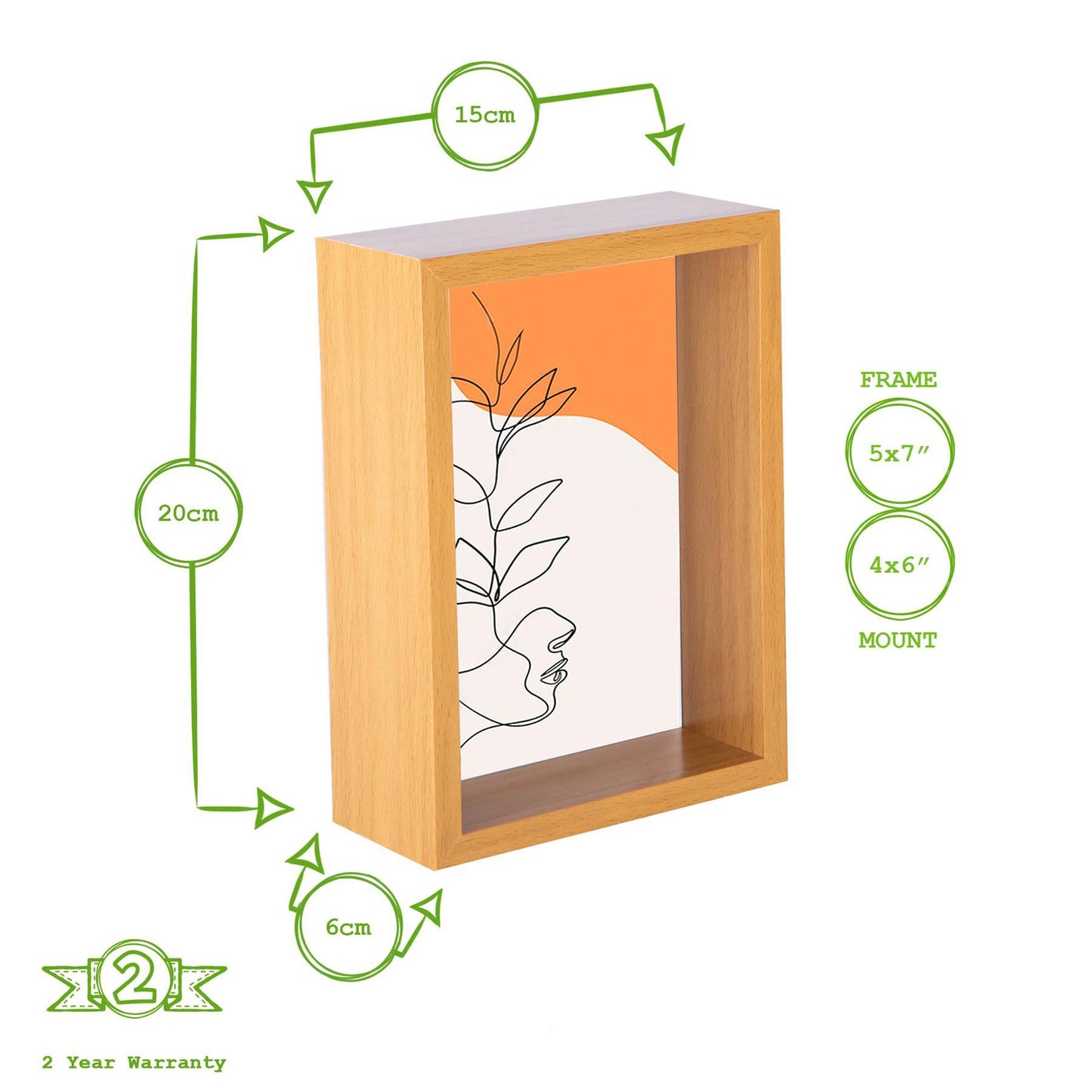 5" x 7" Light Wood 3D Deep Box Photo Frame - with 4" x 6" Mount