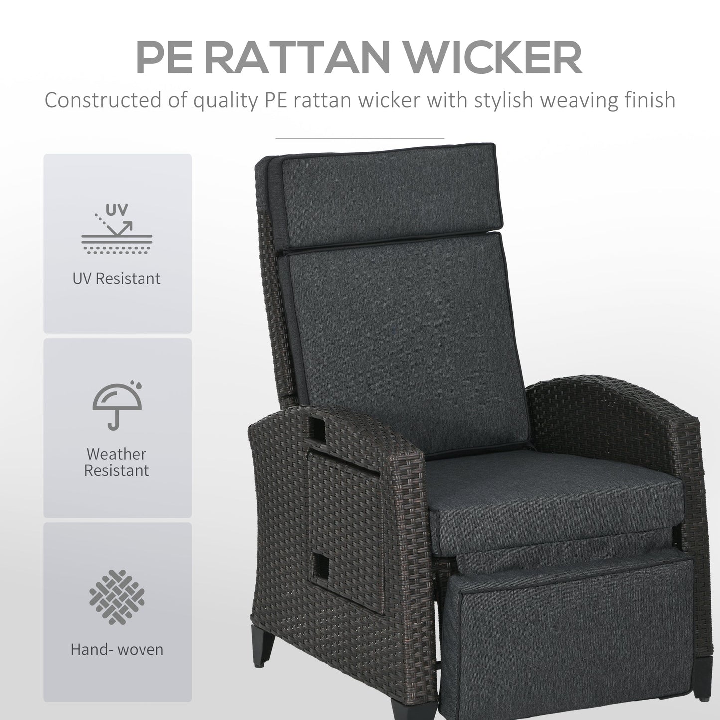 Outsunny Outdoor Recliner Chair with Cushion Rattan Reclining Lounge Chair