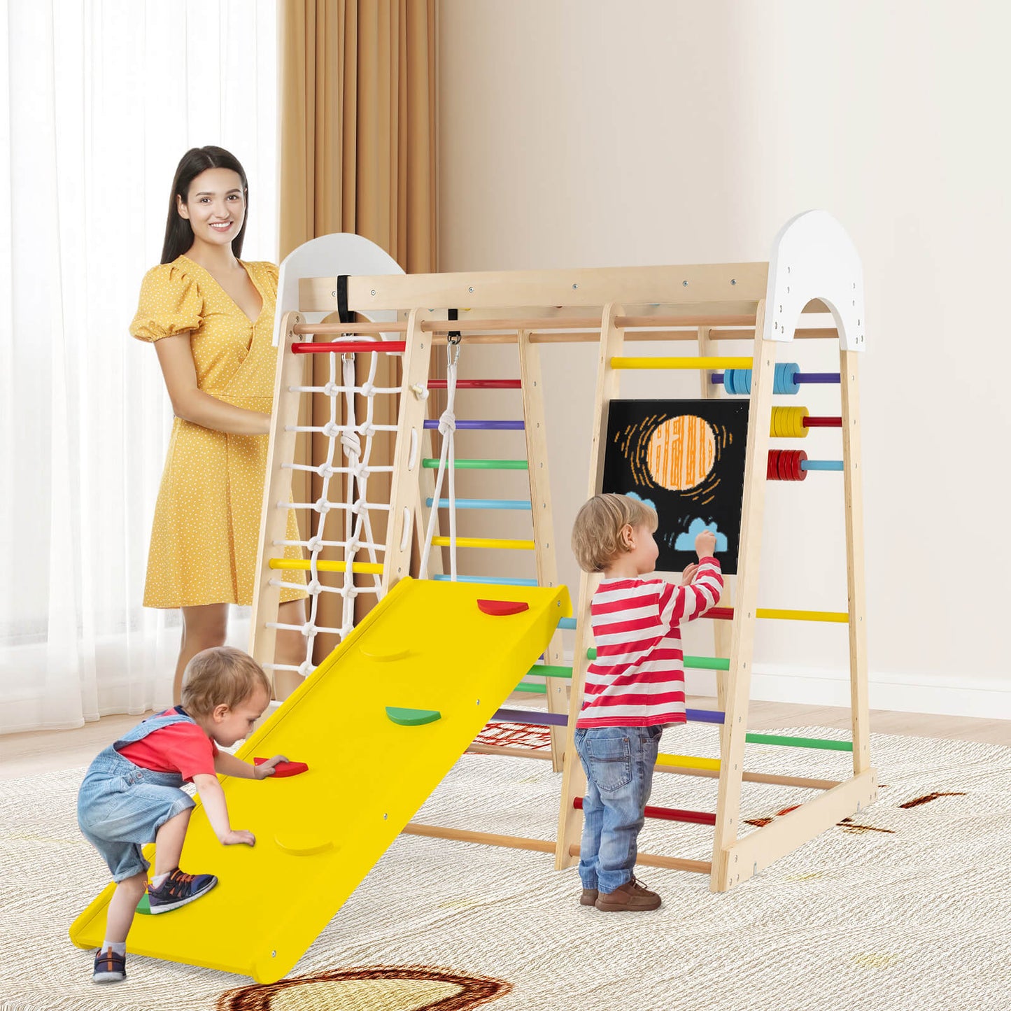 7-in-1 Wooden Climbing Toy Set for Toddlers with Monkey Bars and Blackboard-Colourful
