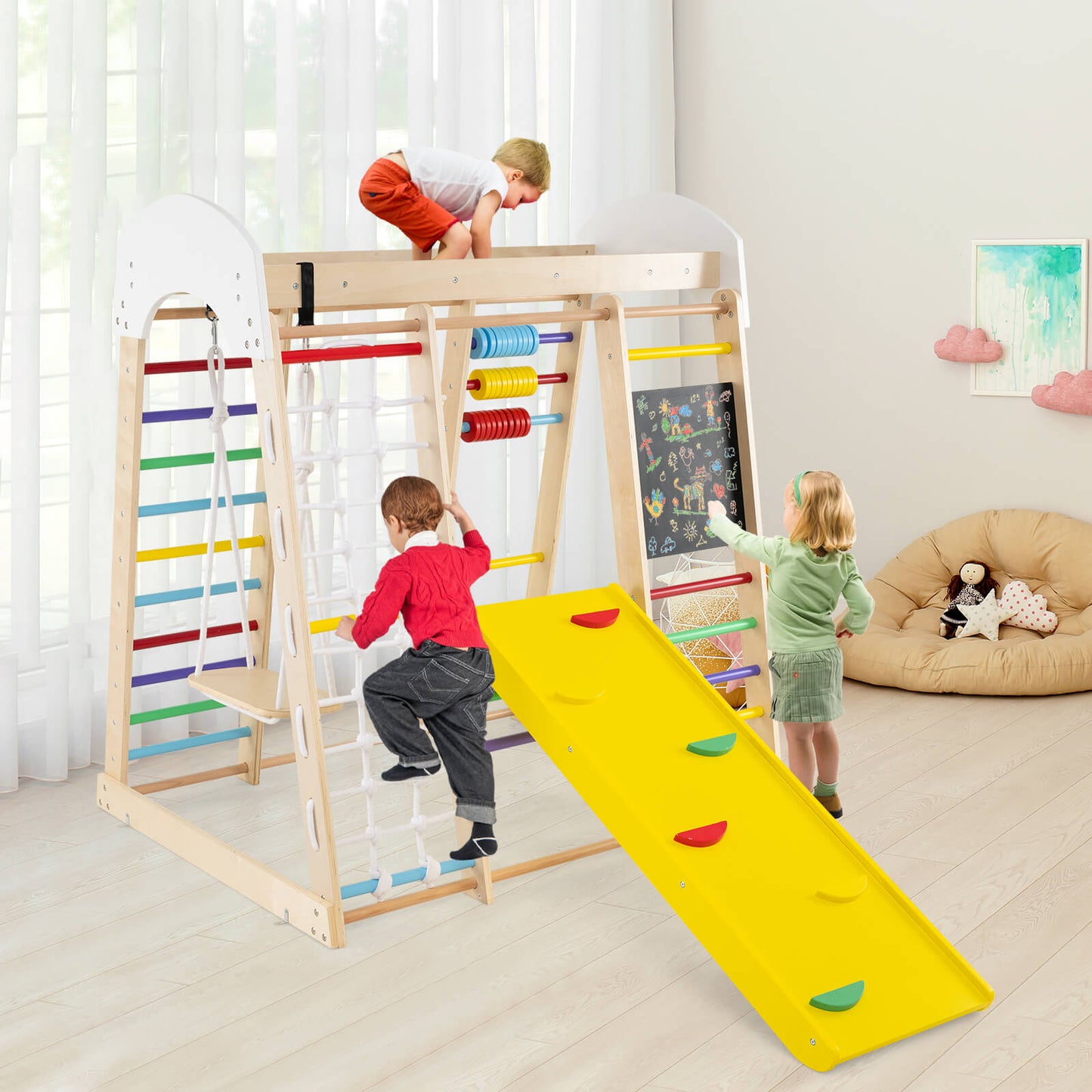7-in-1 Wooden Climbing Toy Set for Toddlers with Monkey Bars and Blackboard-Colourful