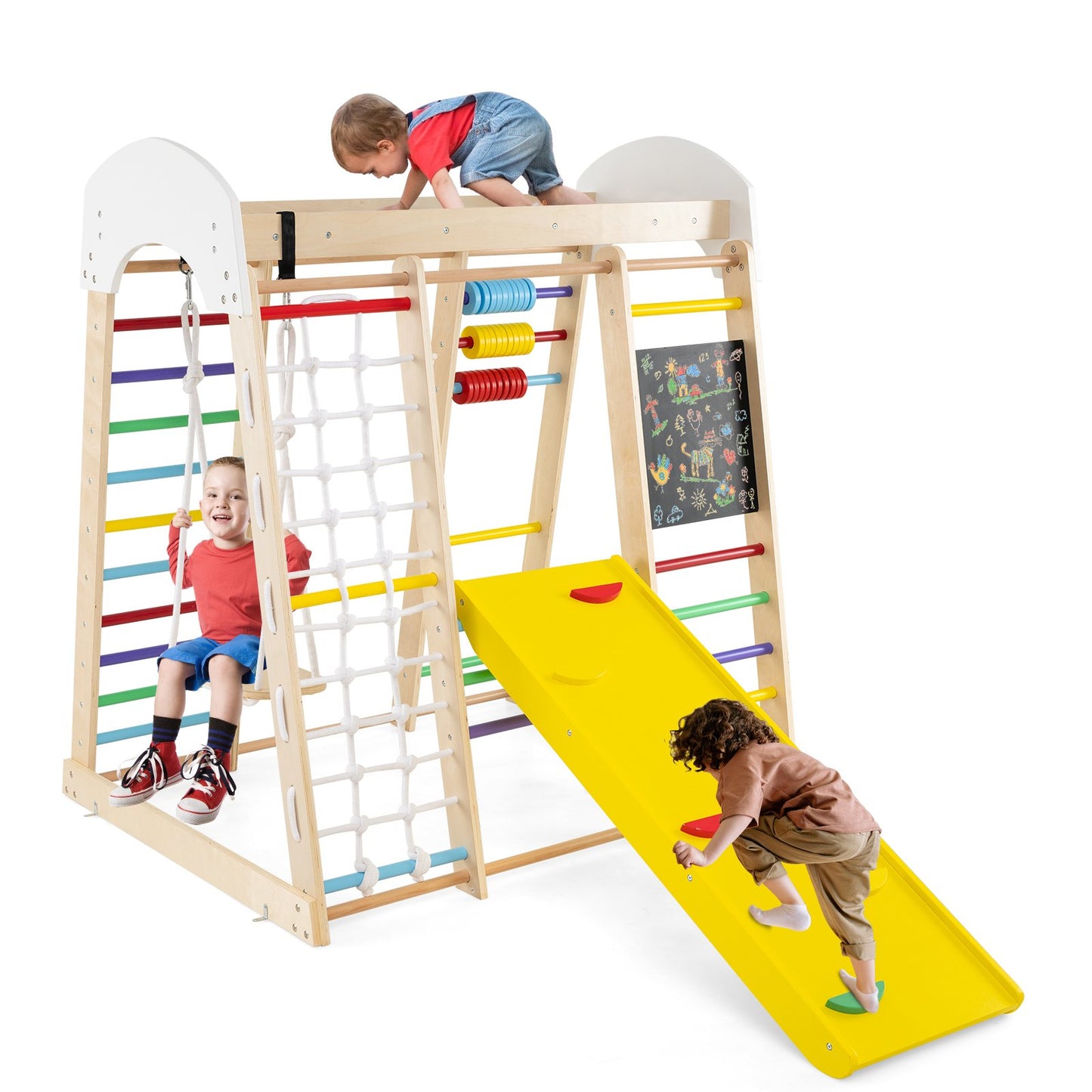 7-in-1 Wooden Climbing Toy Set for Toddlers with Monkey Bars and Blackboard-Colourful