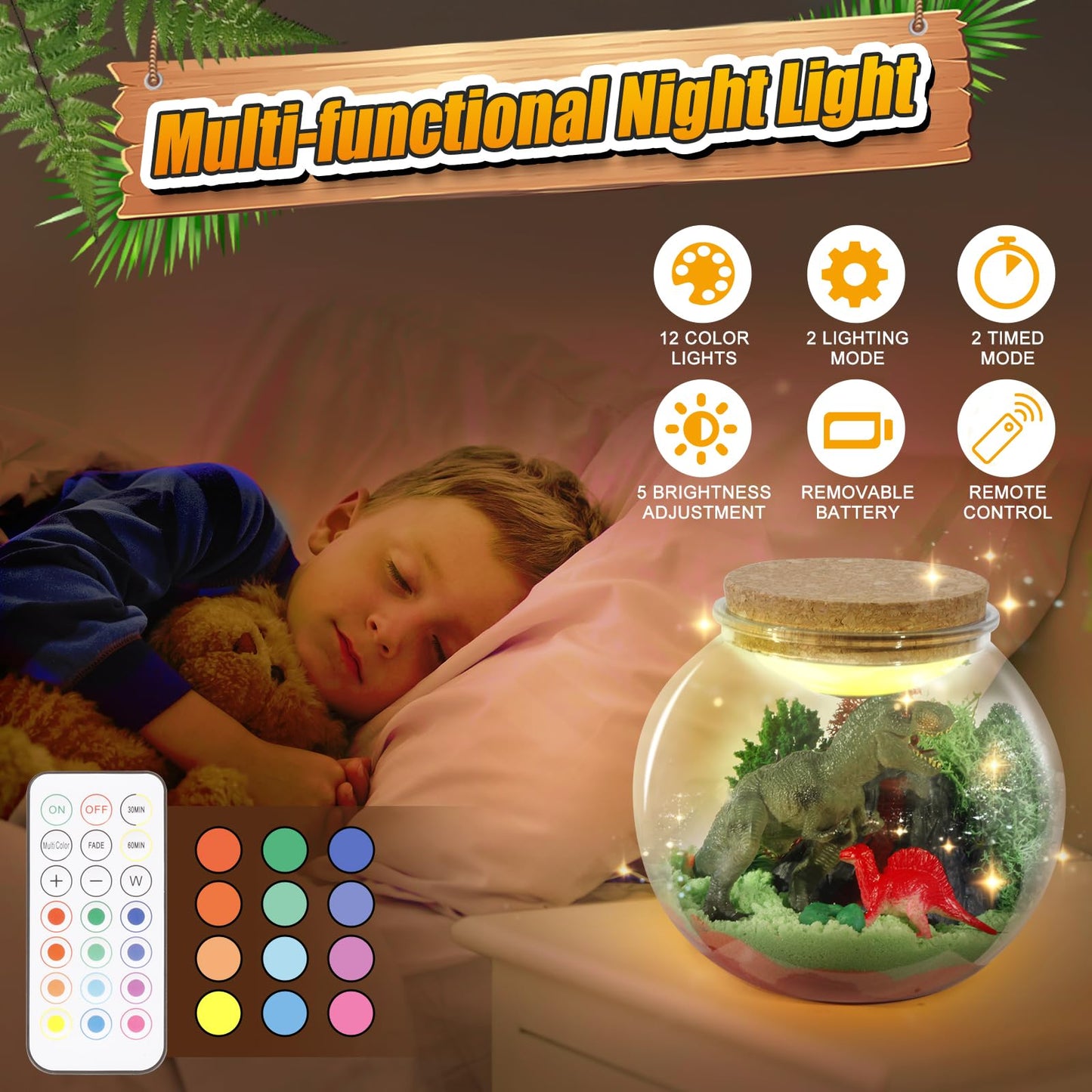 7july Dinosaur Terrarium Craft Kit – DIY Dino Toys & Night Light Gift for Boys (Ages 5-12)
