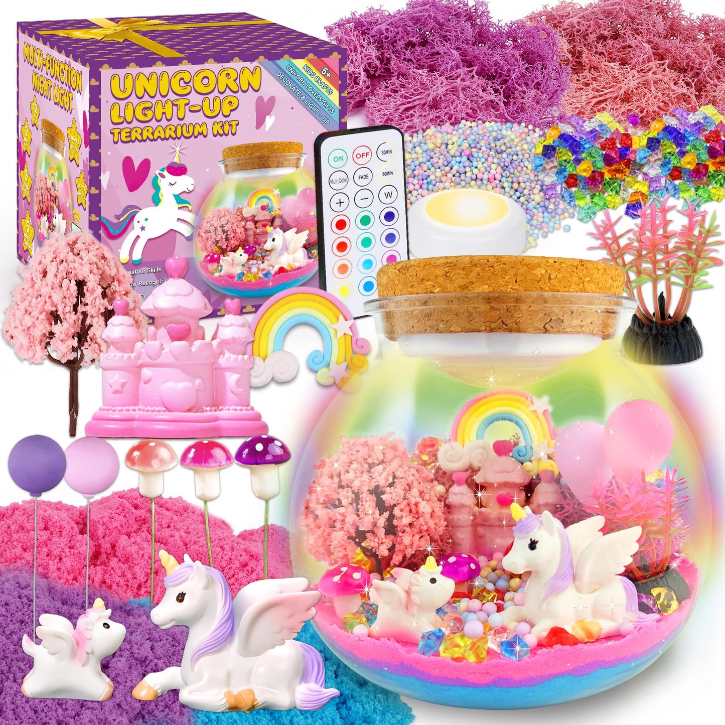 7july Unicorn Terrarium Craft Kit for Kids — LED Night Light & Remote