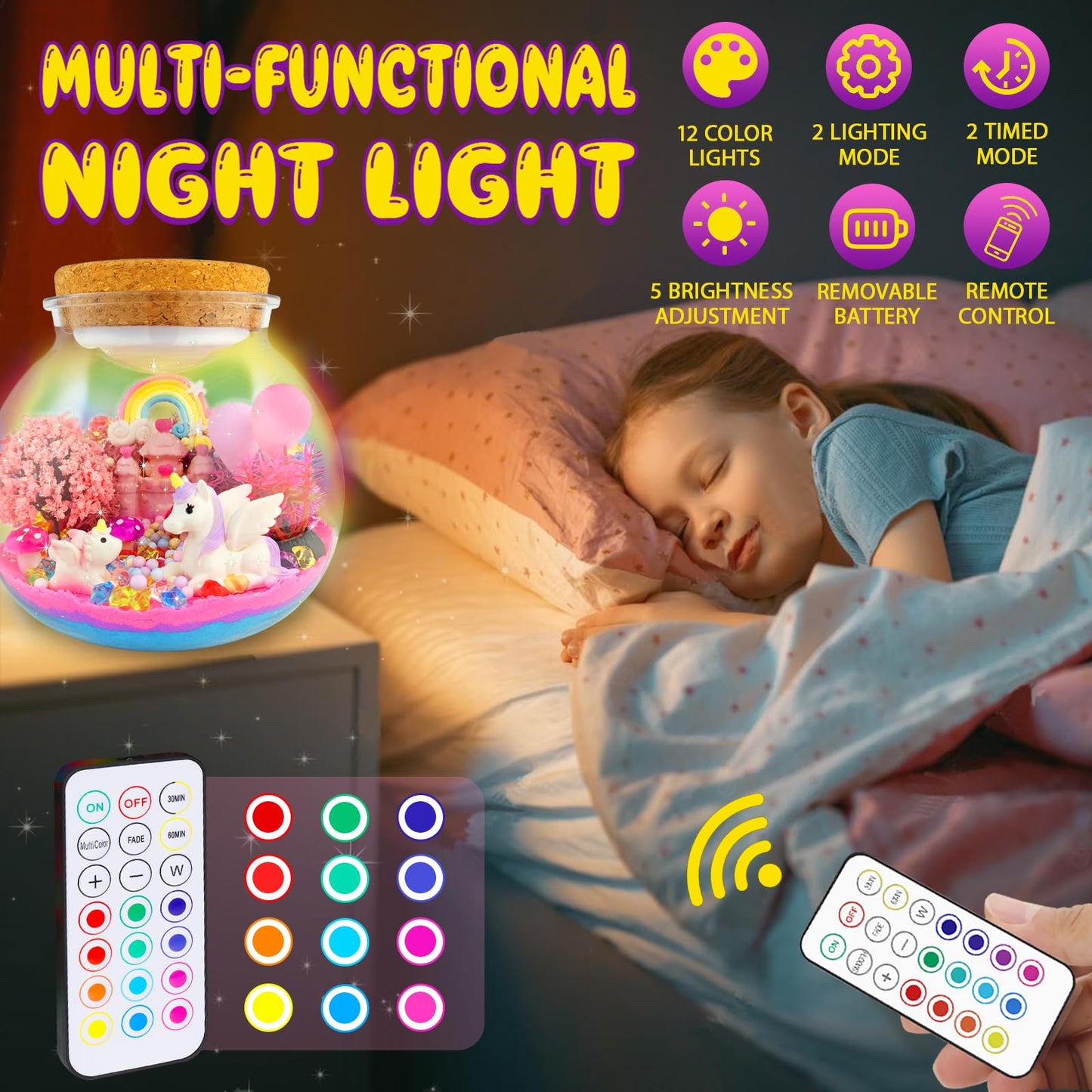 7july Unicorn Terrarium Craft Kit for Kids — LED Night Light & Remote