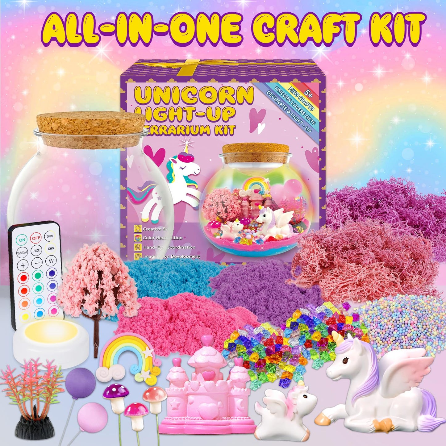7july Unicorn Terrarium Craft Kit for Kids — LED Night Light & Remote