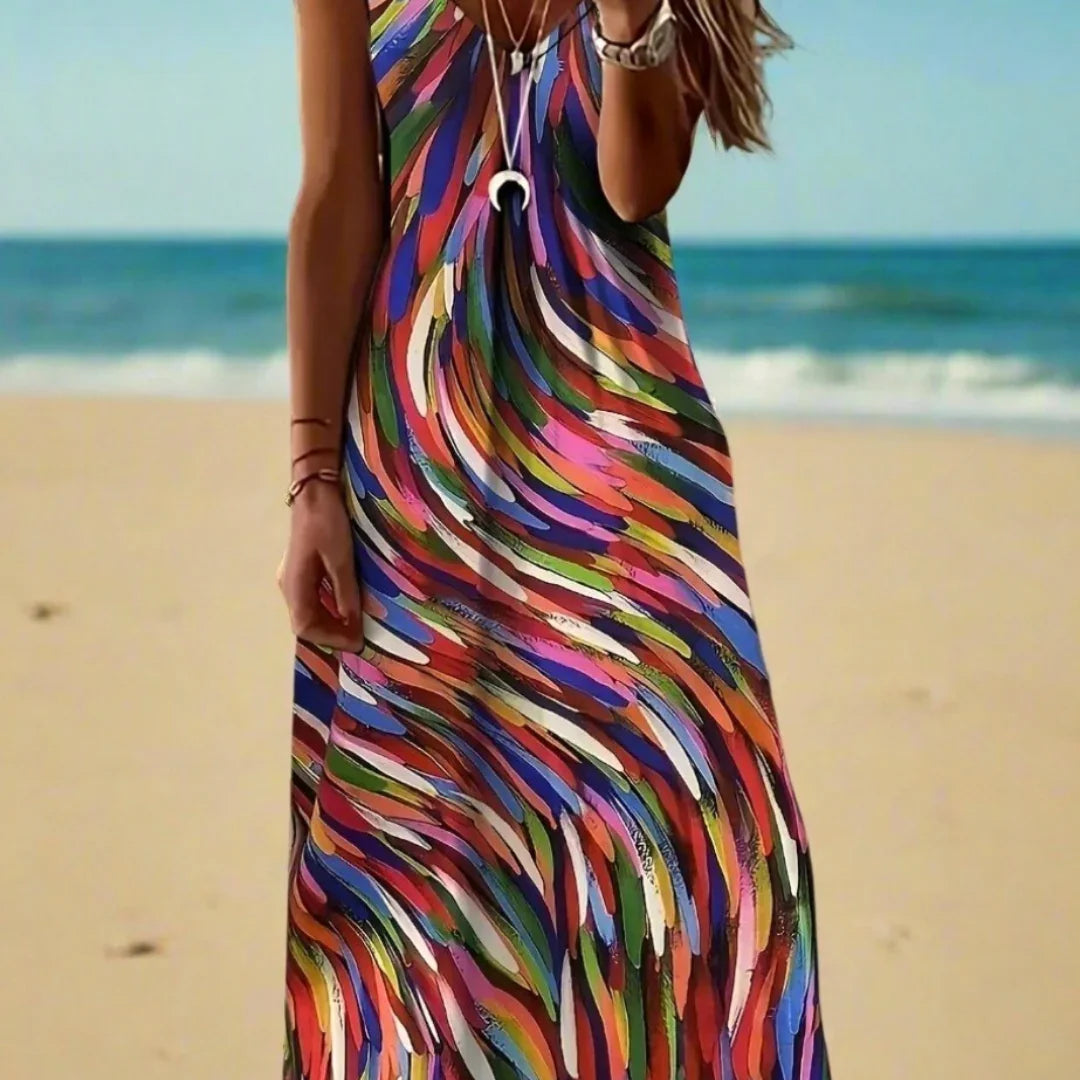 Women's Bohemian Marble Print Maxi Dresses – Sleeveless Loose A-Line Beach Resort Dresses
