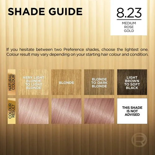 L'Oréal Préférence 8.23 Medium Rose Gold Permanent Hair Dye | Intense, Fade-Defying Colour & Luminous Shine