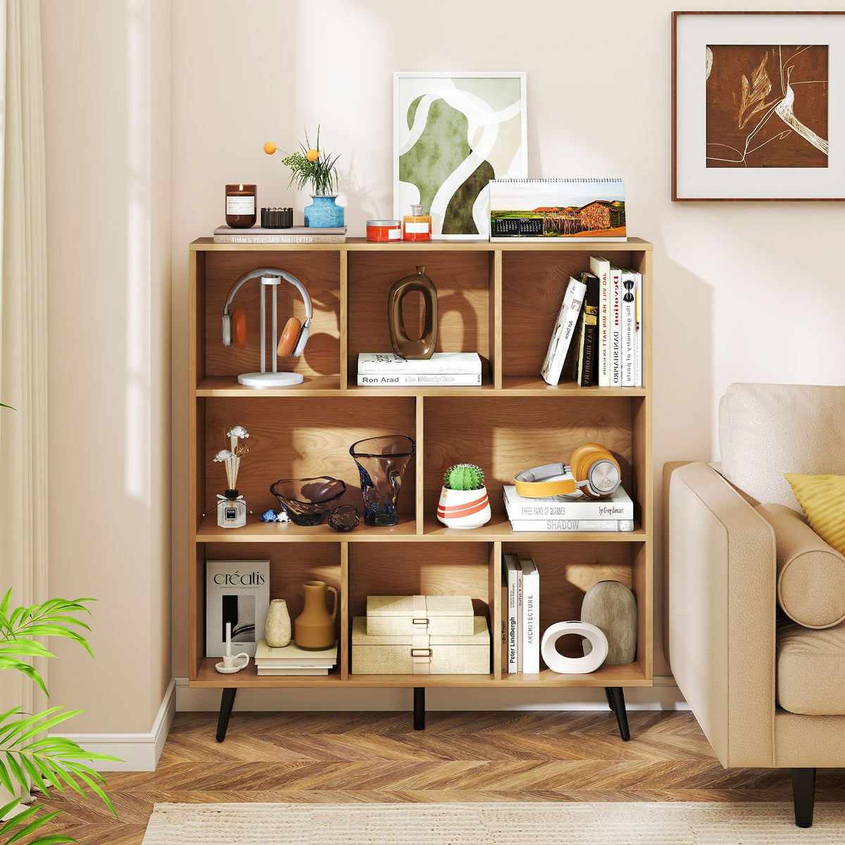 8-Cube Mid Century Modern Bookcase with 5 Tapered Metal Legs-Coffee
