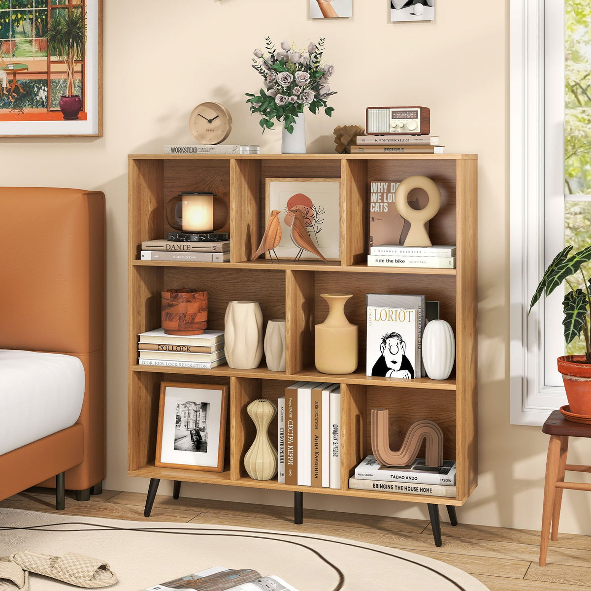 8-Cube Mid Century Modern Bookcase with 5 Tapered Metal Legs-Coffee