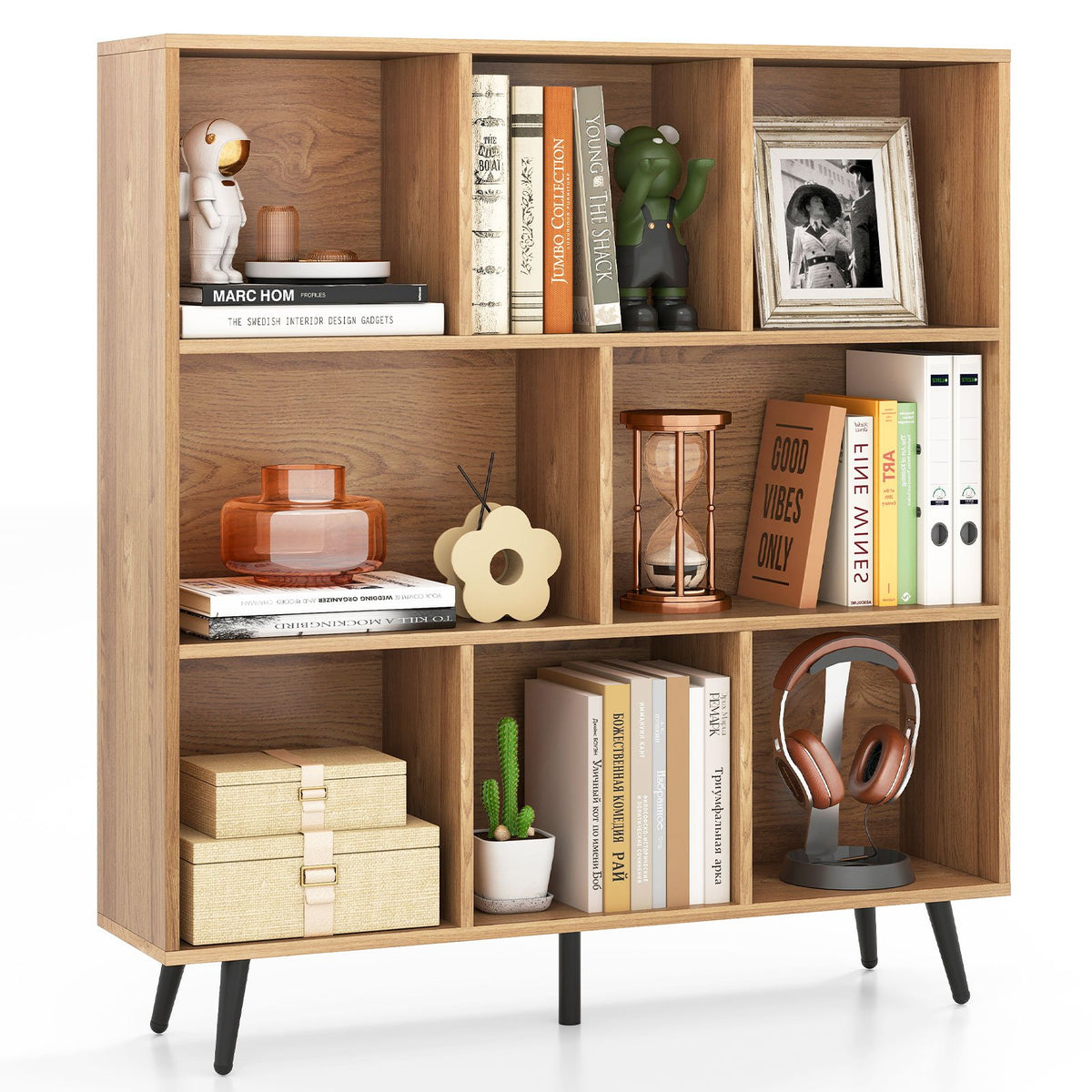 8-Cube Mid Century Modern Bookcase with 5 Tapered Metal Legs-Coffee