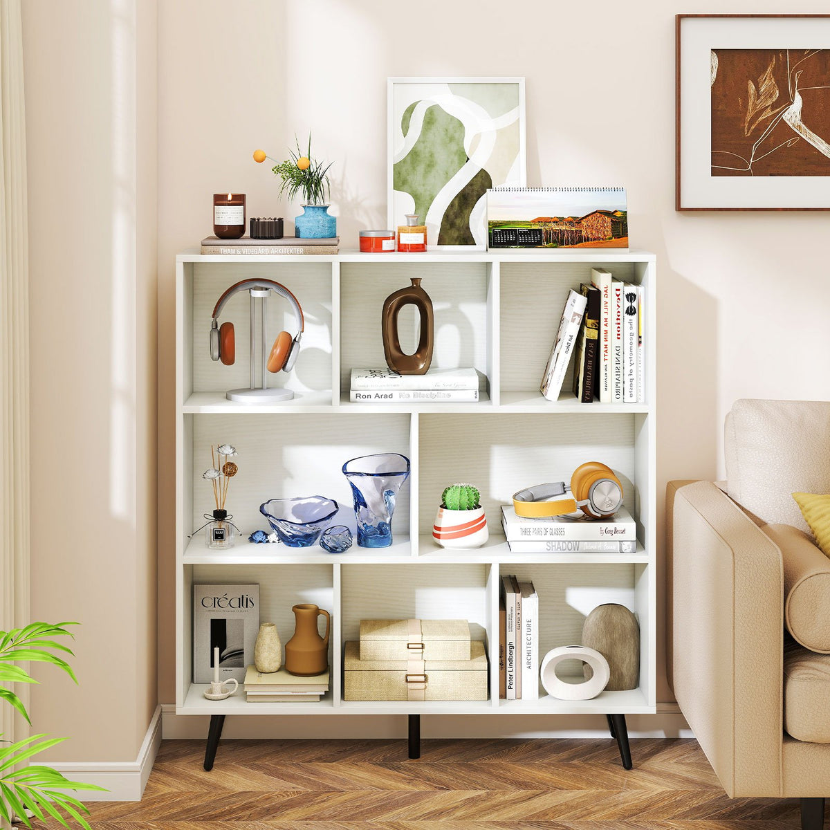 8-Cube Mid Century Modern Bookcase with 5 Tapered Metal Legs-Coffee