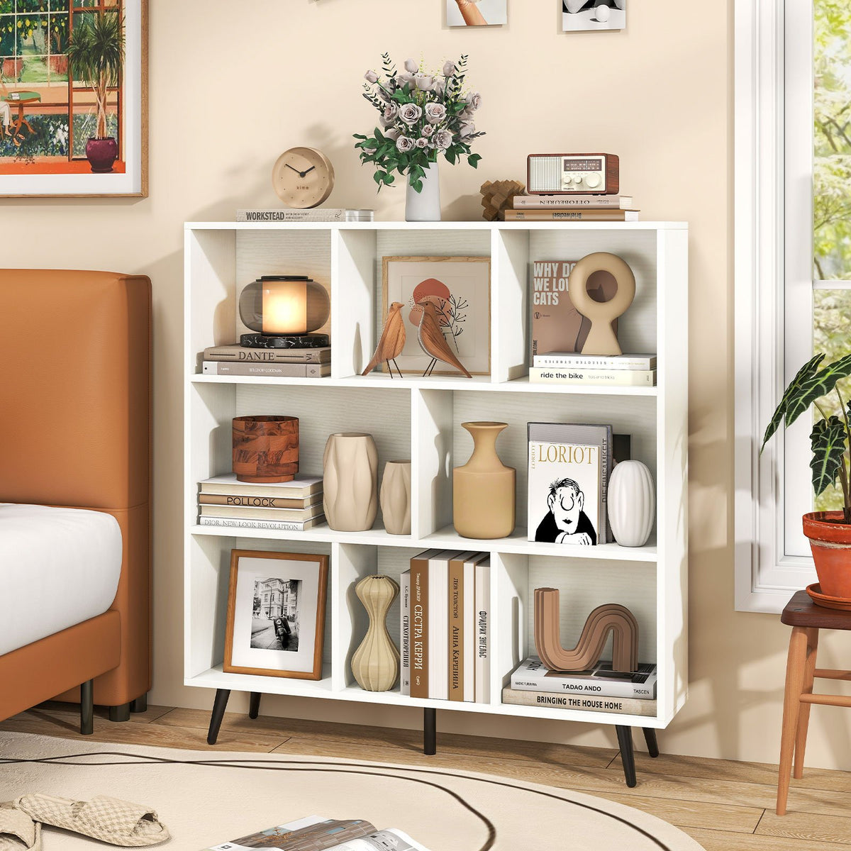 8-Cube Mid Century Modern Bookcase with 5 Tapered Metal Legs-Coffee