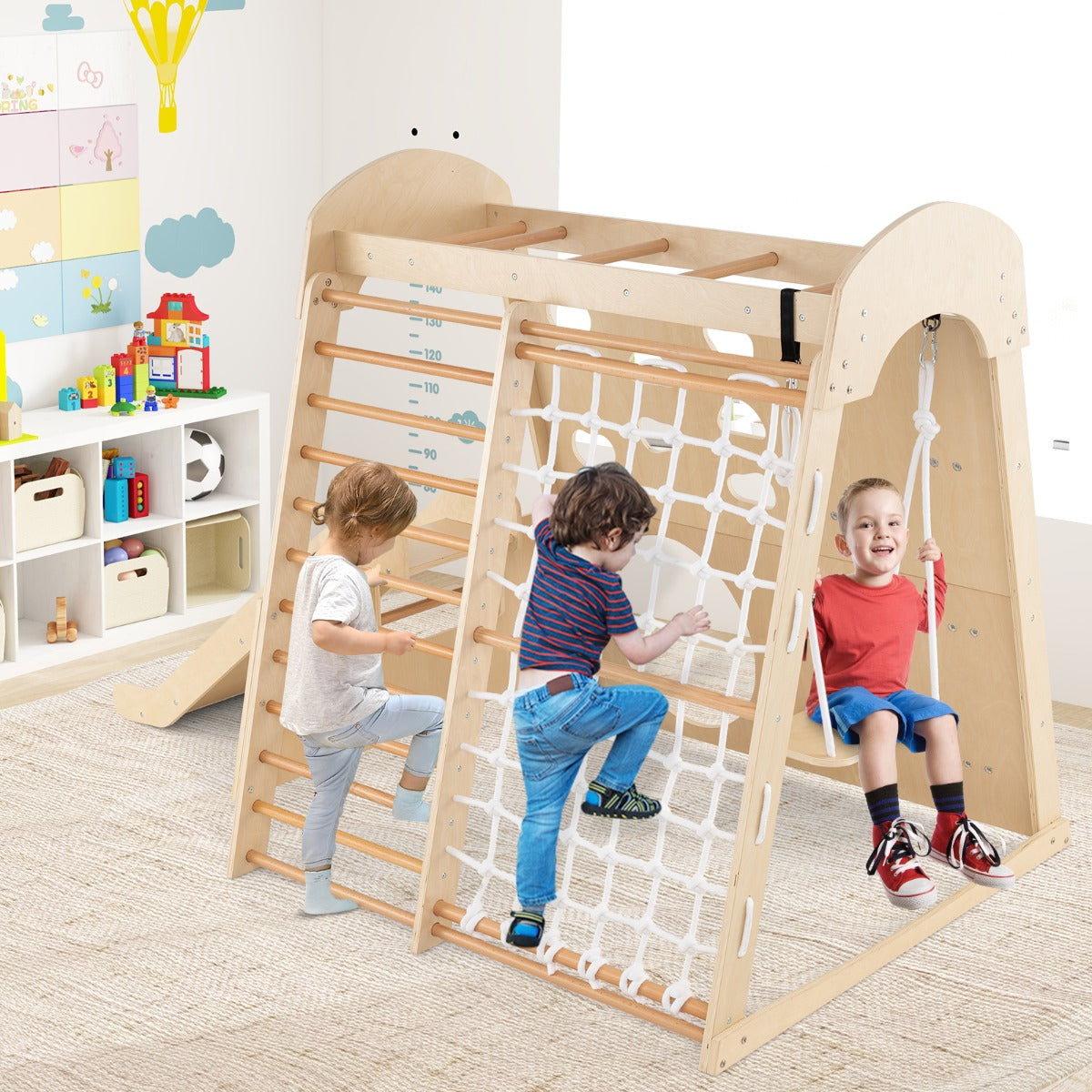 8-in-1 Indoor Jungle Gym Wooden Playground with Climbing Wall-Colourful