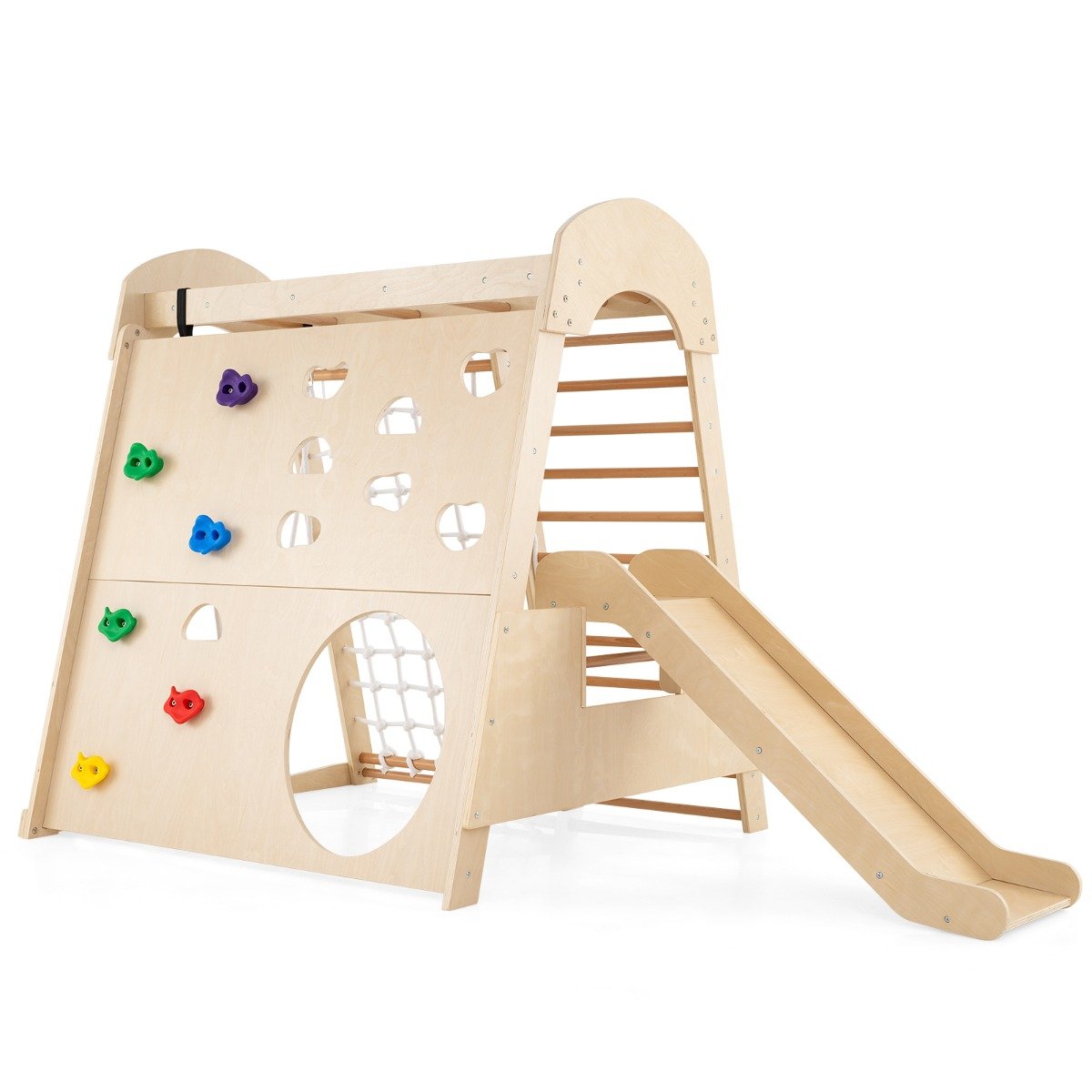 8-in-1 Indoor Jungle Gym Wooden Playground with Climbing Wall-Colourful
