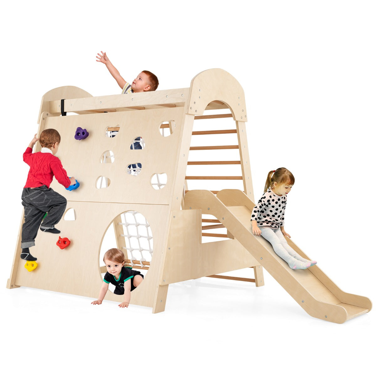 8-in-1 Indoor Jungle Gym Wooden Playground with Climbing Wall-Colourful