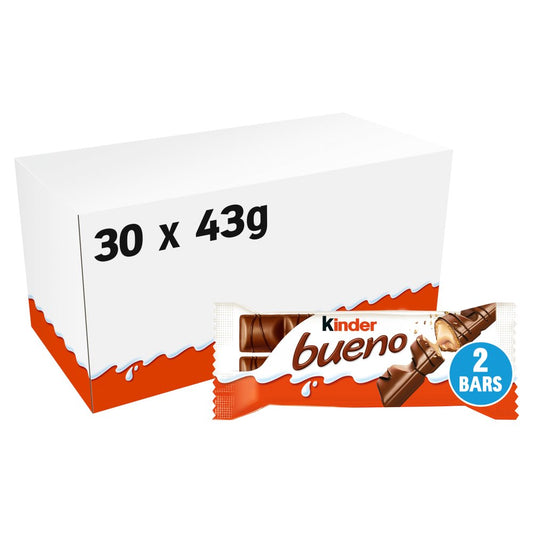 30 x Kinder Bueno Milk Chocolate And Hazelnuts Single Bar 2 Finger X 21.5G (43G)