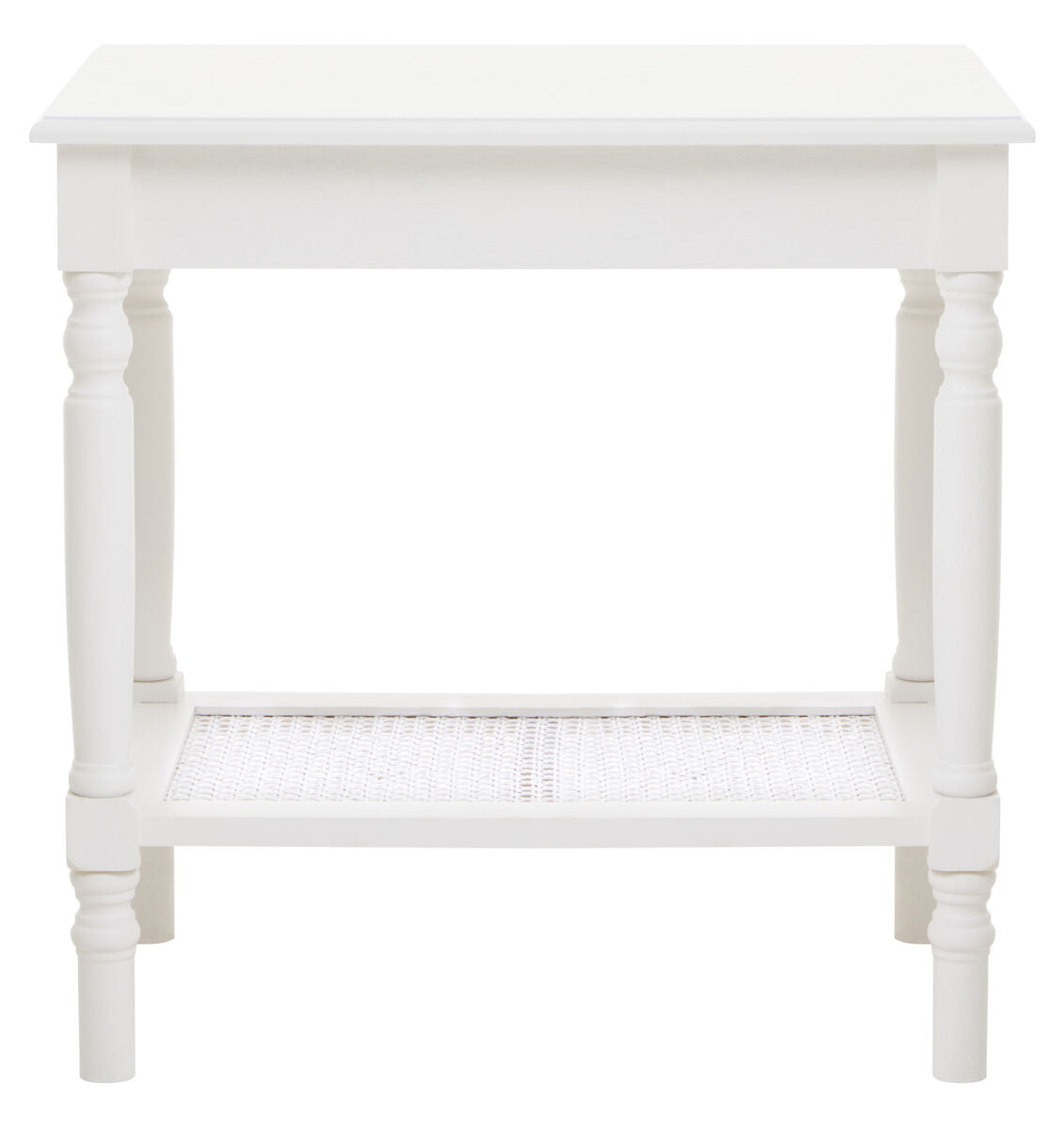 White Wooden 2-Tier Side Table with Cane Rattan Webbing Detail and Carved Legs, Heritage