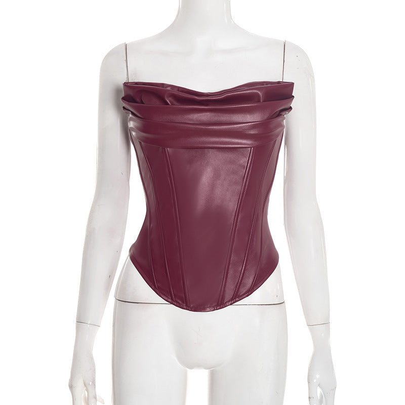 Women's PU Leather Fishbone-Strap Corset Sleeveless Top