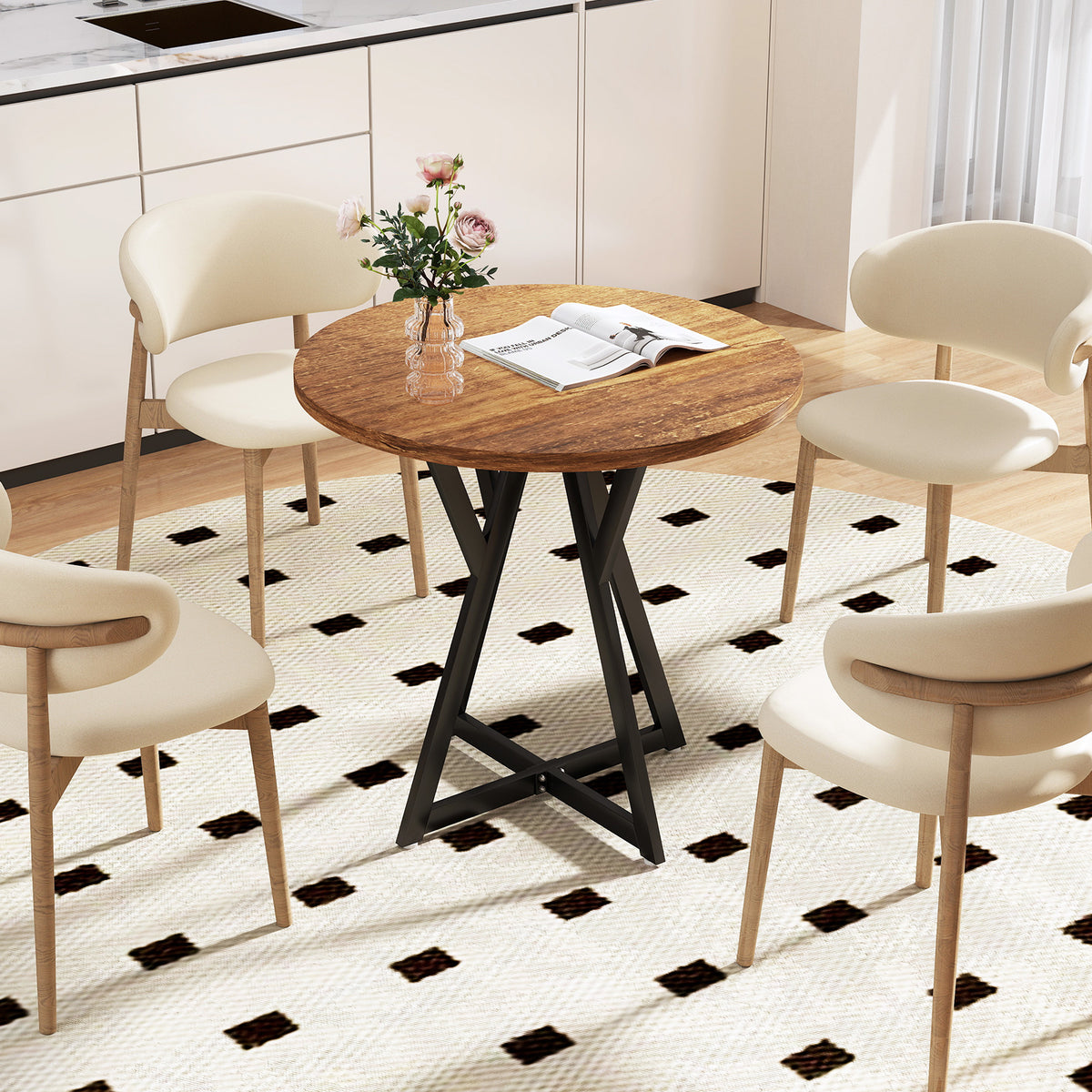 80cm Round Dining Table with Metal Pedestal Base and Adjustable Foot Pads-Natural