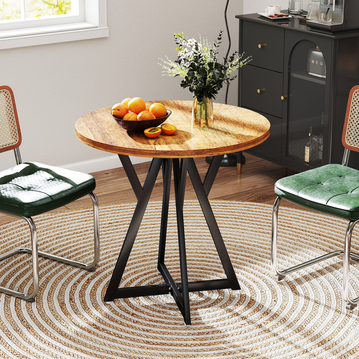 80cm Round Dining Table with Metal Pedestal Base and Adjustable Foot Pads-Natural