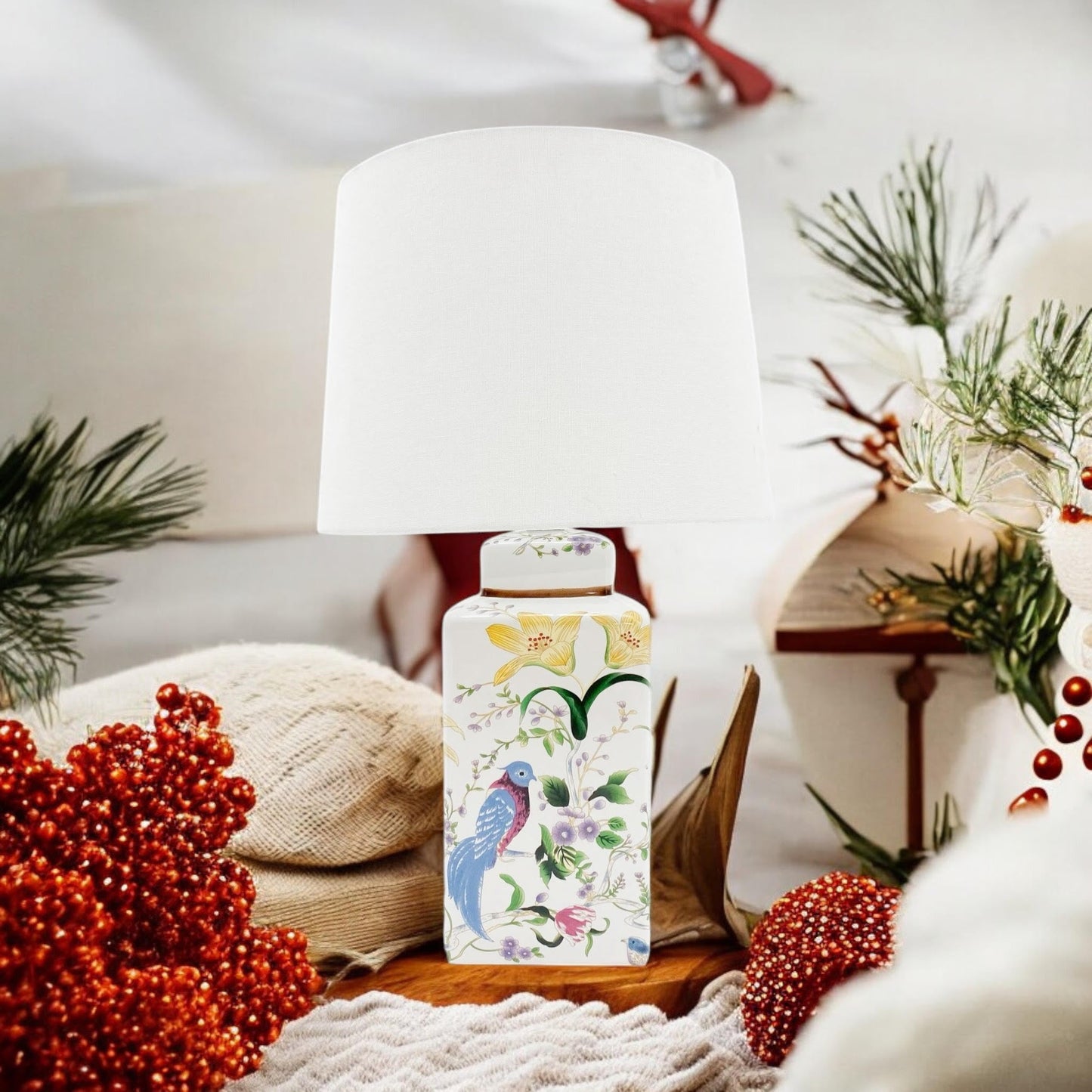 Modern Ceramic Table Lamp – Stylish Ceramic Lamp Available in Three Sizes, Ideal for Providing Soft, Ambient Lighting in Your Bedroom, Living Room, or Office (Floral & Bird Design with White Shade)
