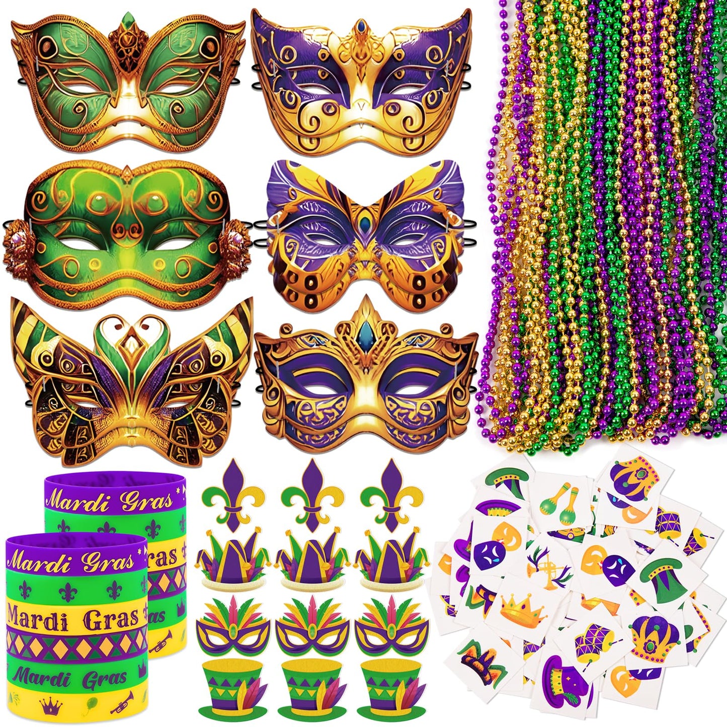 80UncleKimby 202-Piece Mardi Gras Decorations Set – Beads, Masks, Tattoos & Parade Favors